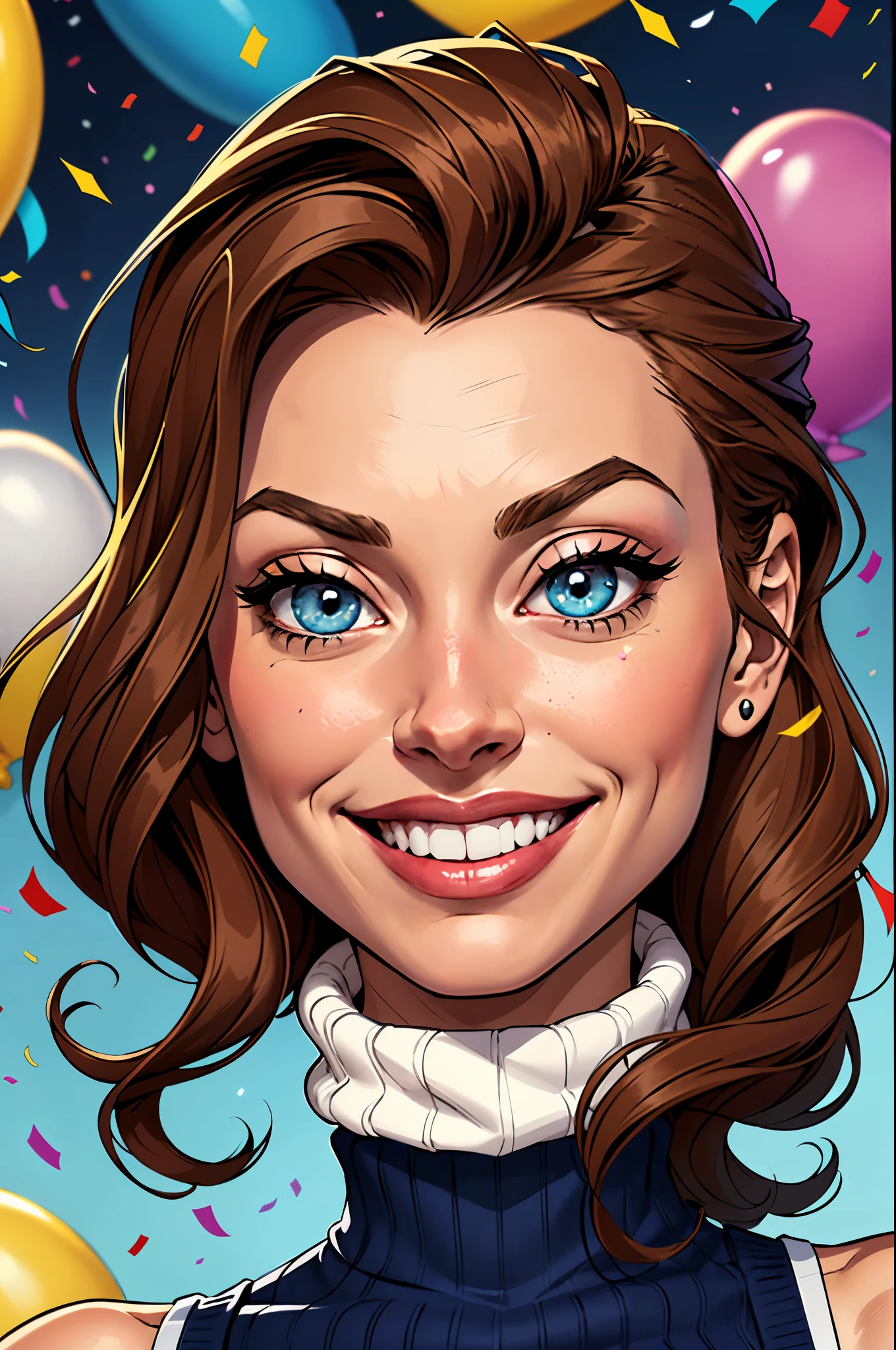 (cartoon style:1.2),  drawing of ([Jessica Chastain|Kelly Ripa|Mila Kunis]), wearing baggy turtleneck sweater, big grin, perfect eyes, detailed face, party background, fun pose, flirty look, confetti, balloons
