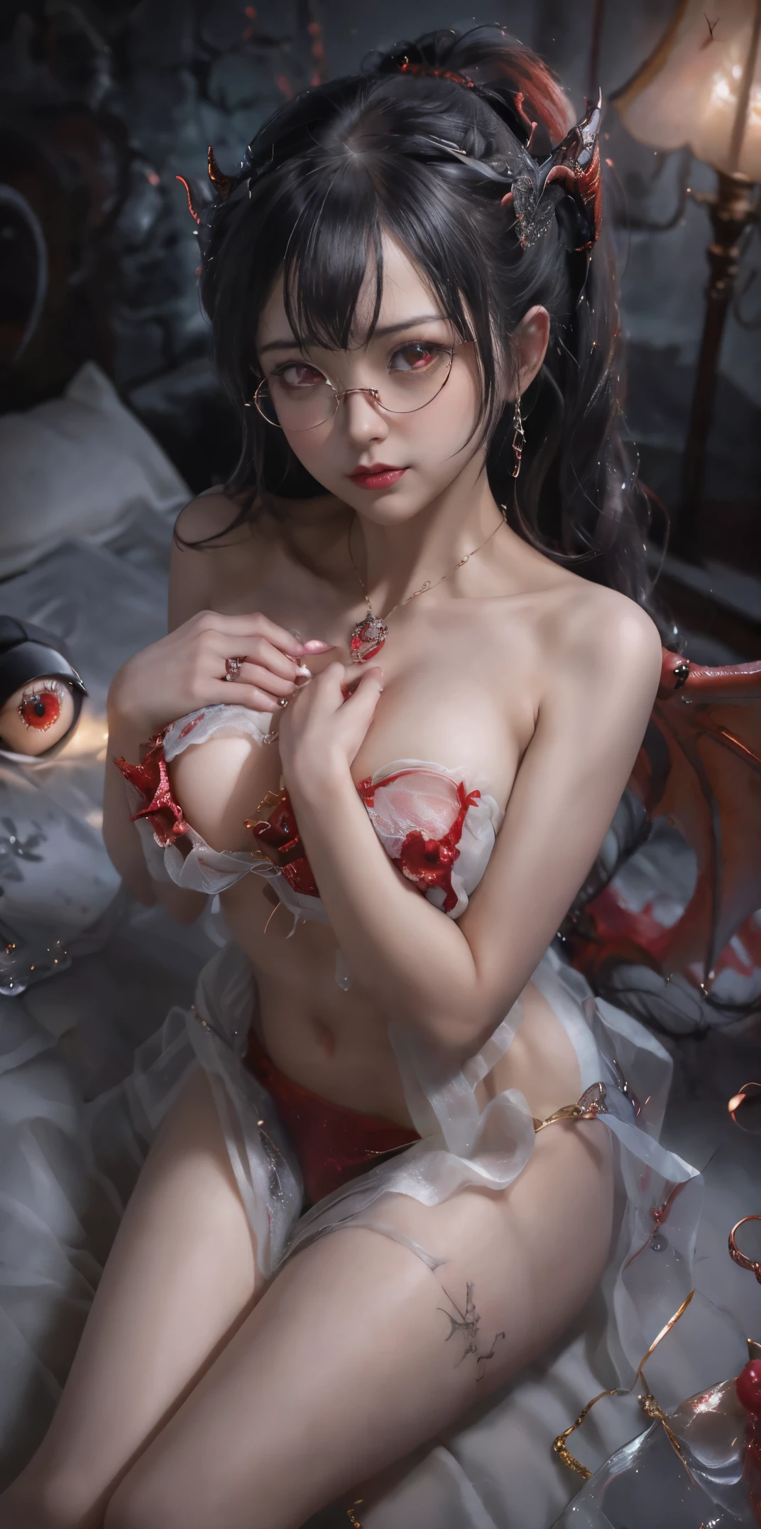 Fine、(The best illustrations)、8k UHD resolution、intricate-detail、top-quality、realisitic、ultra-detailliert、The best lighting、Best Shadows、Soft lighting、Ulutra HD、Dungeon and Dragon、caves、Dungeon、 A Necromancer、natta、Dark style、Succubus、Devil's Daughter、Bat Wings,(((Demon Hornlack-rimmed round glasses))))、(((Colossal tits)))、(Devil's Tail)、(red eyes glowing:1.6)、masterpiece、beautiful countenance、Tindall Effect、photos realistic、(High Detail Skins:1.2)、8KUHD、Digital SLR、hightquality、a picture、hight resolution、 absurderes、Ponytail distortion、best ratio four finger and one thumb、1人、hair adornments、Red sparkling gemstone necklace、jewely、Beautiful expression、Body Up、Large breasts emphasis、Toned waist、Wide buttocks、Tindall Effect、Photorealsitic、(High Detail Skins:1.2)、pink nipple, pink pussy