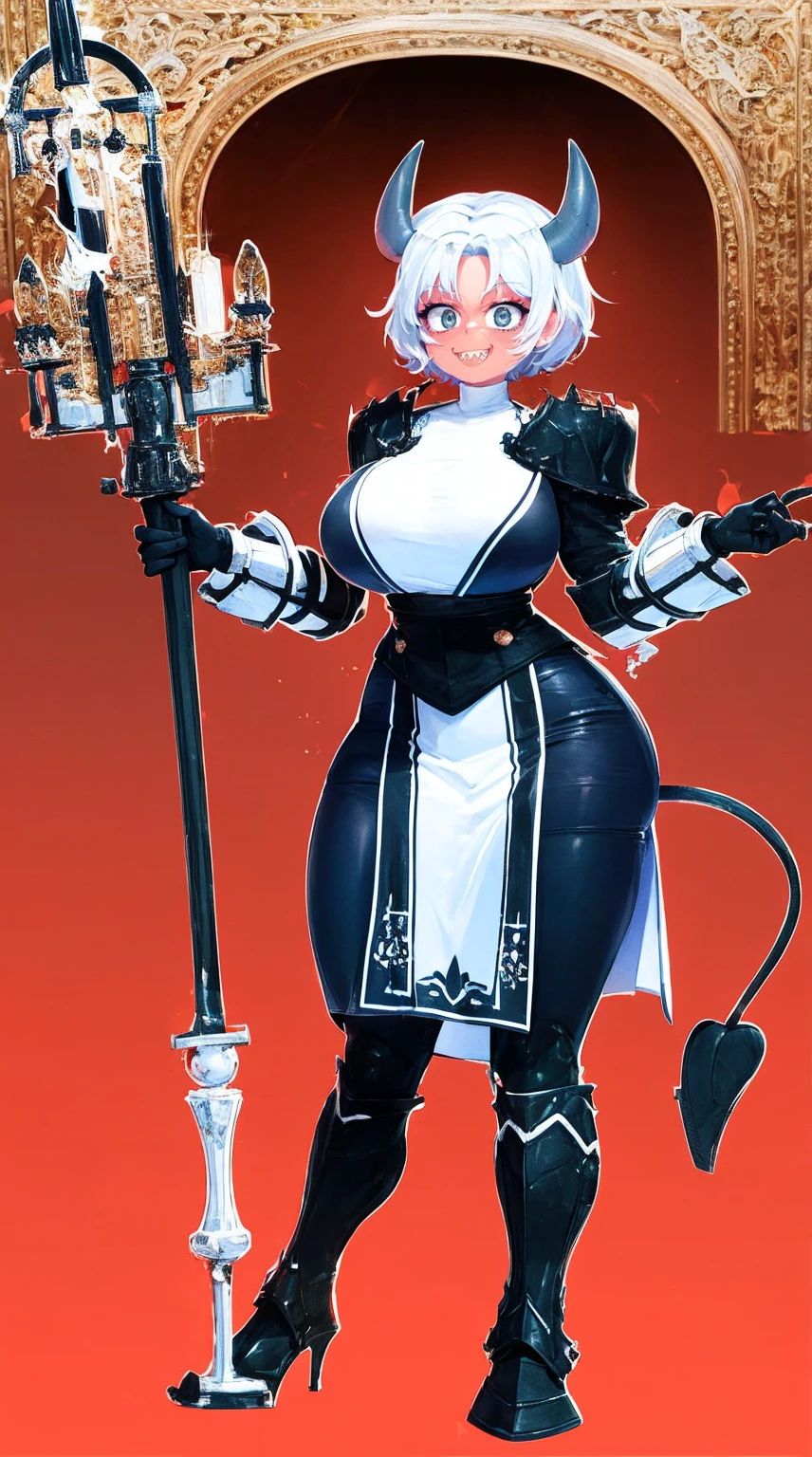 nun, demon girl, walking, , warpriesstes, silver hair, short hair, sacred gauntlets, long ski, cute smile, pure smile, love smile,,veillong skirt, pantyhose, staff holding, armor, gloves, standing, full body,sharpteeth,standing, full body, happy, joyfull, refsheet, red skinn