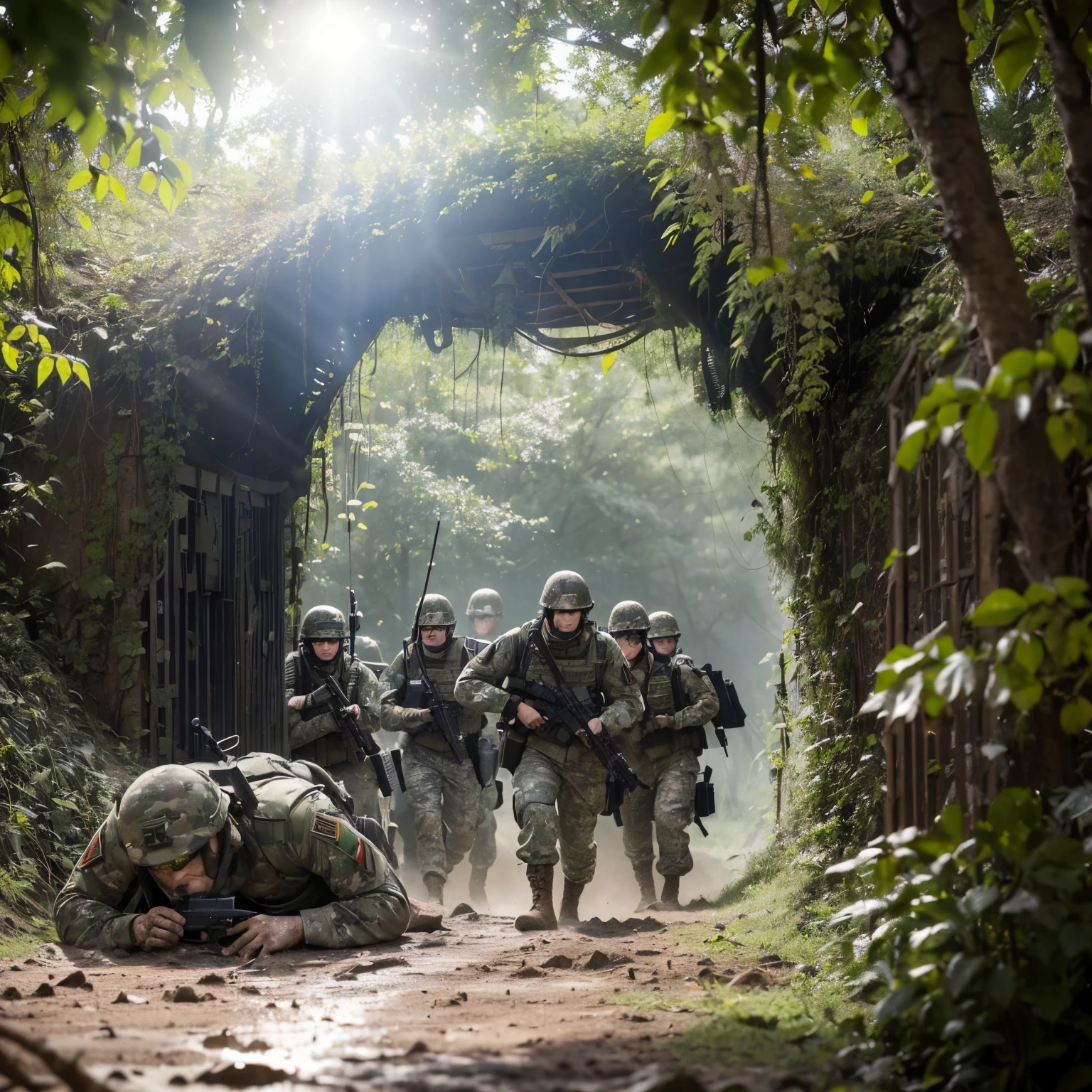 ((An extremely realistic photorealistic image of a bustling airsoft battlefield, with famous actors in camouflage uniforms engaging in intense combat. This masterpiece, shot in 8k RAW with best quality, showcases intricate detail and cinematic lighting. Depth of field brings the foreground soldiers into sharp focus, while cinematic light adds dimension to the scene. Lens flare and ray tracing add authenticity to the sun's rays filtering through the canopy. The muddy ground and worn military gear and equipment add to the sense of realism. The famous actors, with their expressive faces, heavy breathing, and focused expressions, convey the intense emotion and adrenal