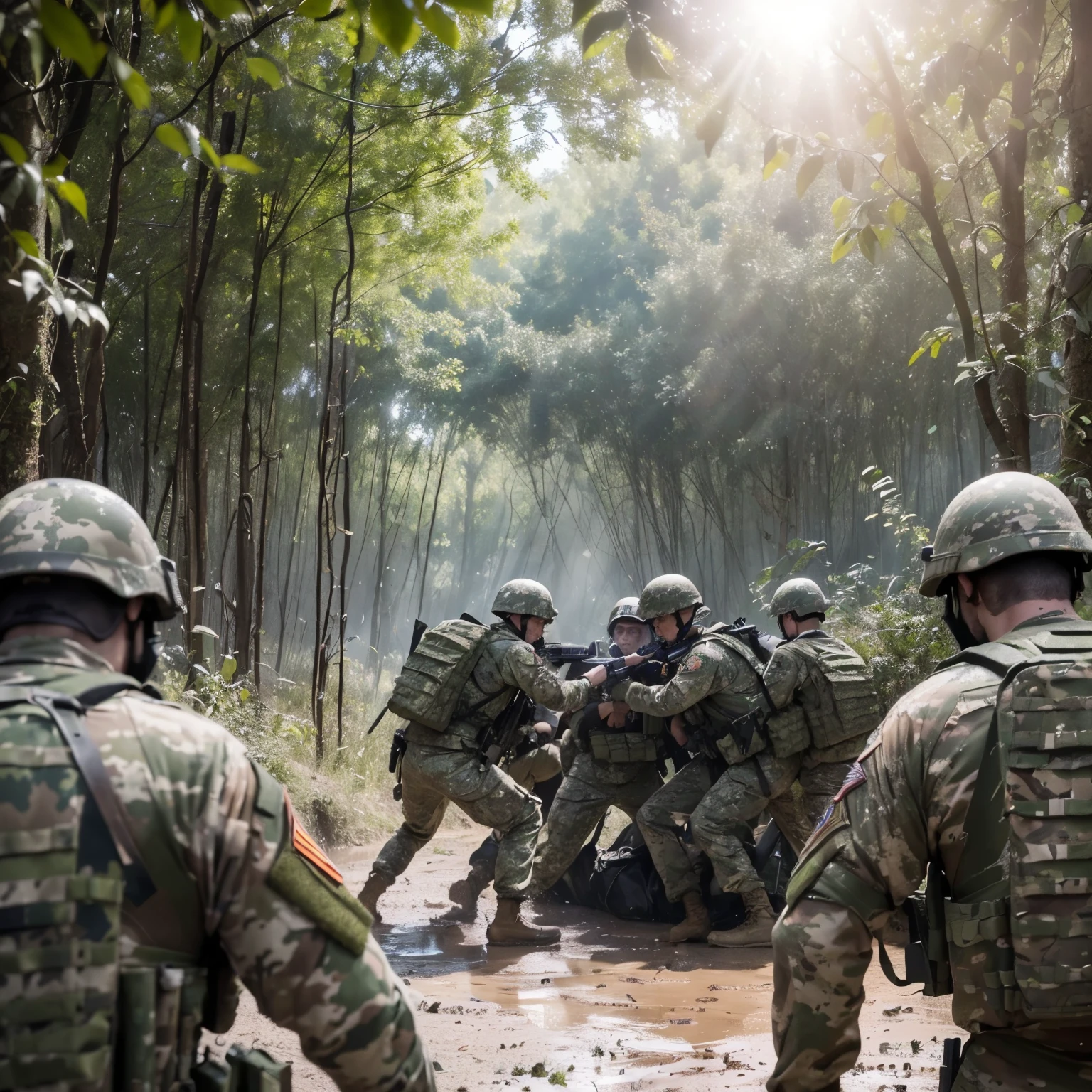 ((An extremely realistic photorealistic image of a bustling airsoft battlefield, with famous actors in camouflage uniforms engaging in intense combat. This masterpiece, shot in 8k RAW with best quality, showcases intricate detail and cinematic lighting. Depth of field brings the foreground soldiers into sharp focus, while cinematic light adds dimension to the scene. Lens flare and ray tracing add authenticity to the sun's rays filtering through the canopy. The muddy ground and worn military gear and equipment add to the sense of realism. The famous actors, with their expressive faces, heavy breathing, and focused expressions, convey the intense emotion and adrenal