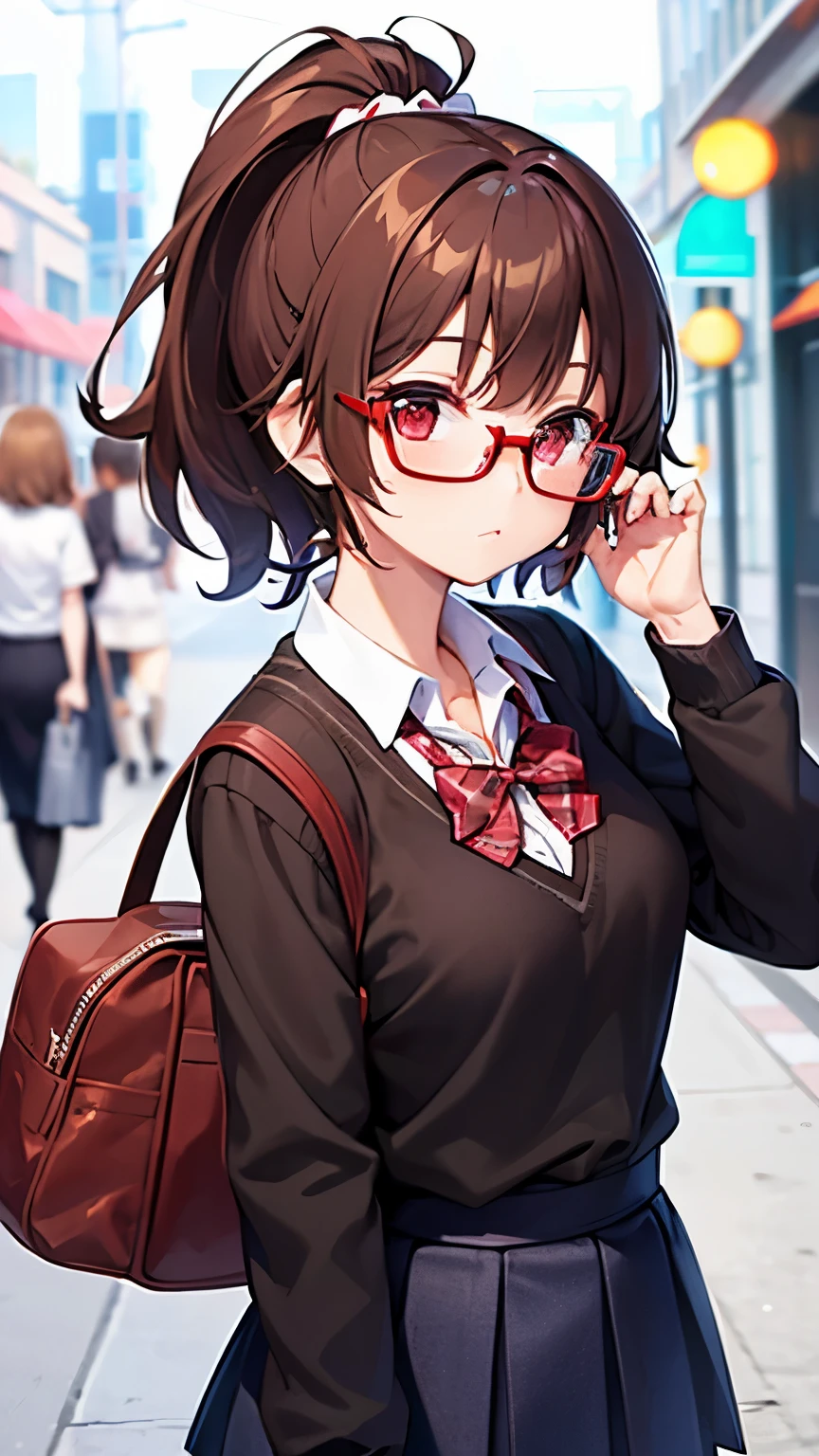Girl, brown hair, ponytail short hair, red eyes, glasses, cute girl, light city, school uniform, 