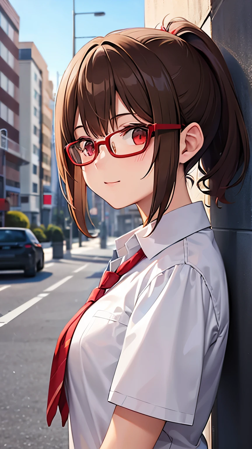 Girl, brown hair, ponytail short hair, red eyes, glasses, cute girl, light city, school uniform,