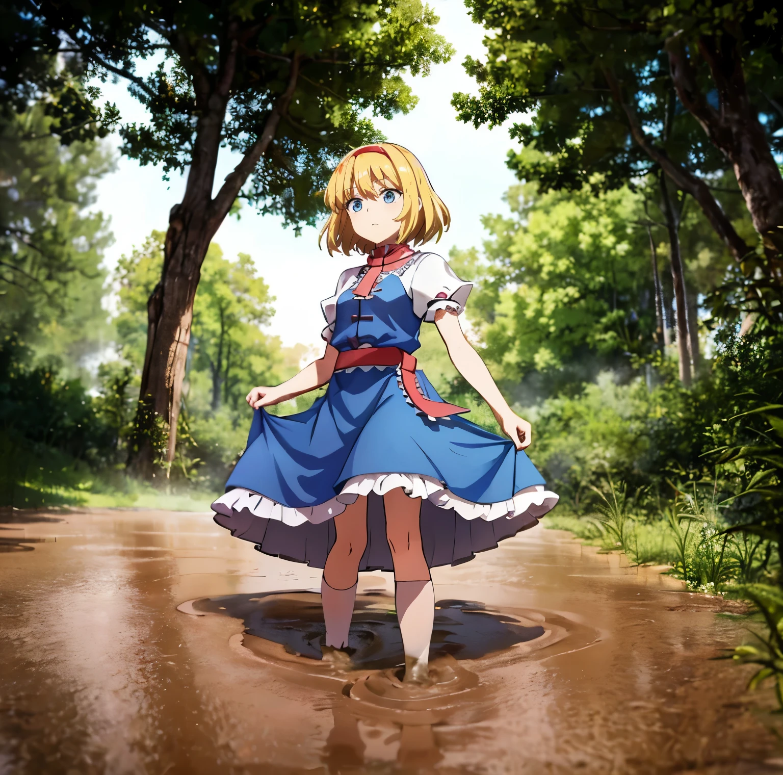 touhou,(alice margatroid:1.4),1girl,solo,blonde hair, blue eyes, capelet,dress,sash, red hairband, short hair, (blue long dress:1.3),(muddy white high socks:1.6),loafers,(muddy clothes:1.4),(brown clothes:1.4), on mud, brown background, mud ground, standing,(from below,front view:1.4)