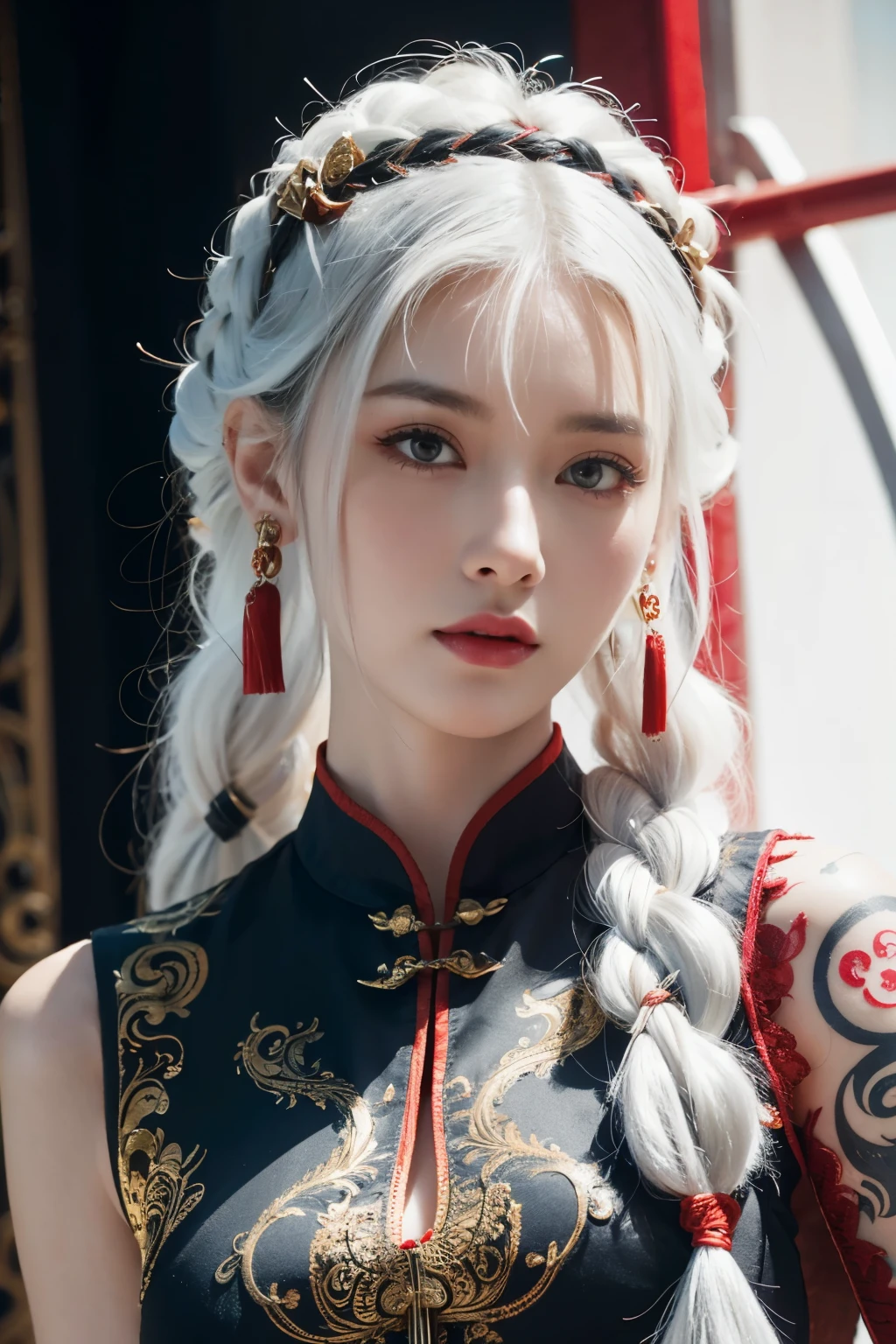 vibrant colors, female, masterpiece, sharp focus, best quality, depth of field, cinematic lighting, white hair, red eyes, braid, dress, long hair, red eyes, tattoo, earrings, jewelry, black dress, hair ornament, bangs, chinese clothes, breasts, china dress, sleeveless, 