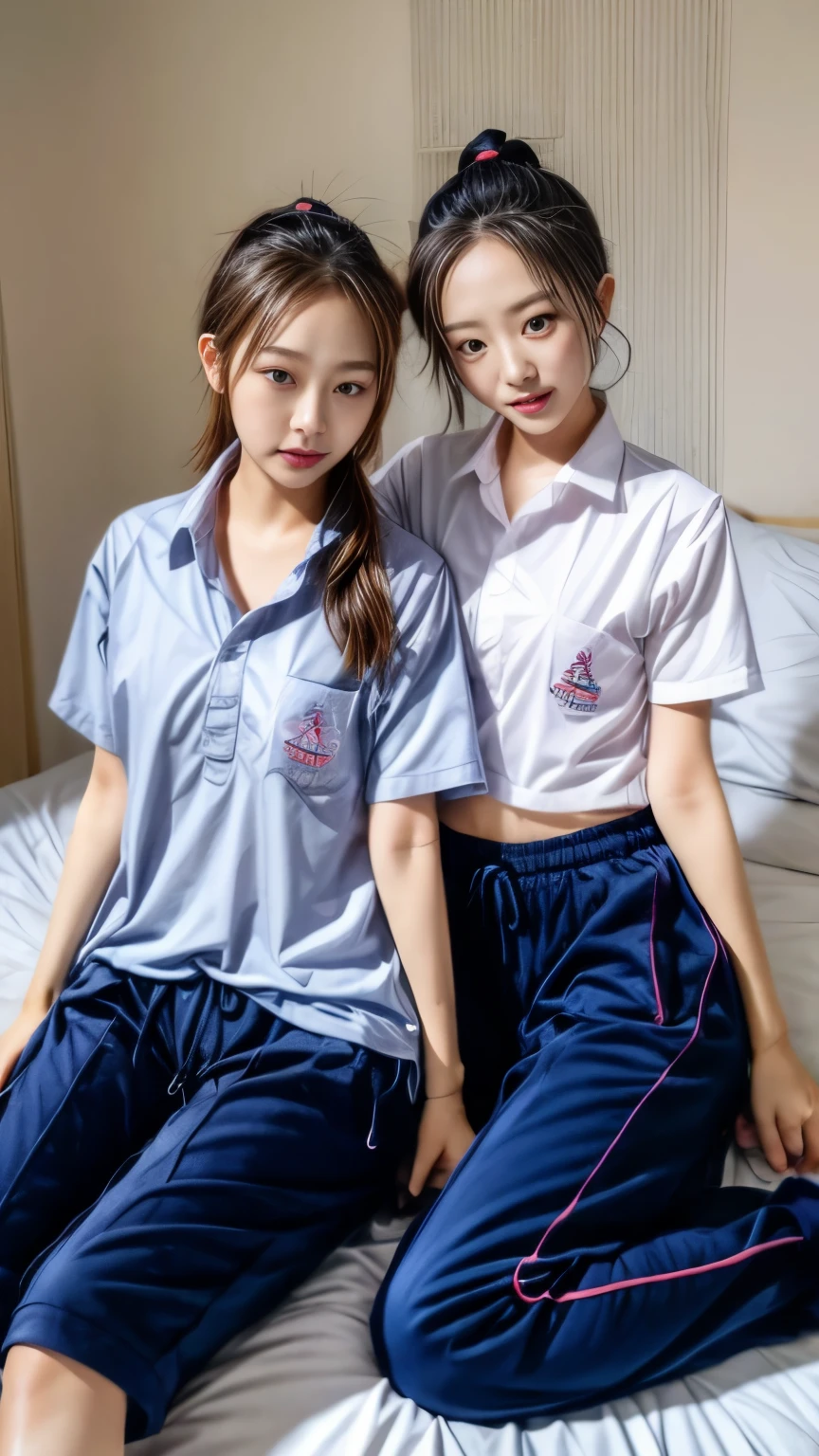 friendship，2 girls in the piano room, Navy blue short-sleeved shirt,Navy Long Trackpant,Sweatpants, Sweatpantsขายาว,25 year old girl, lesbian, sexy, lying on the bed., exercise clothes