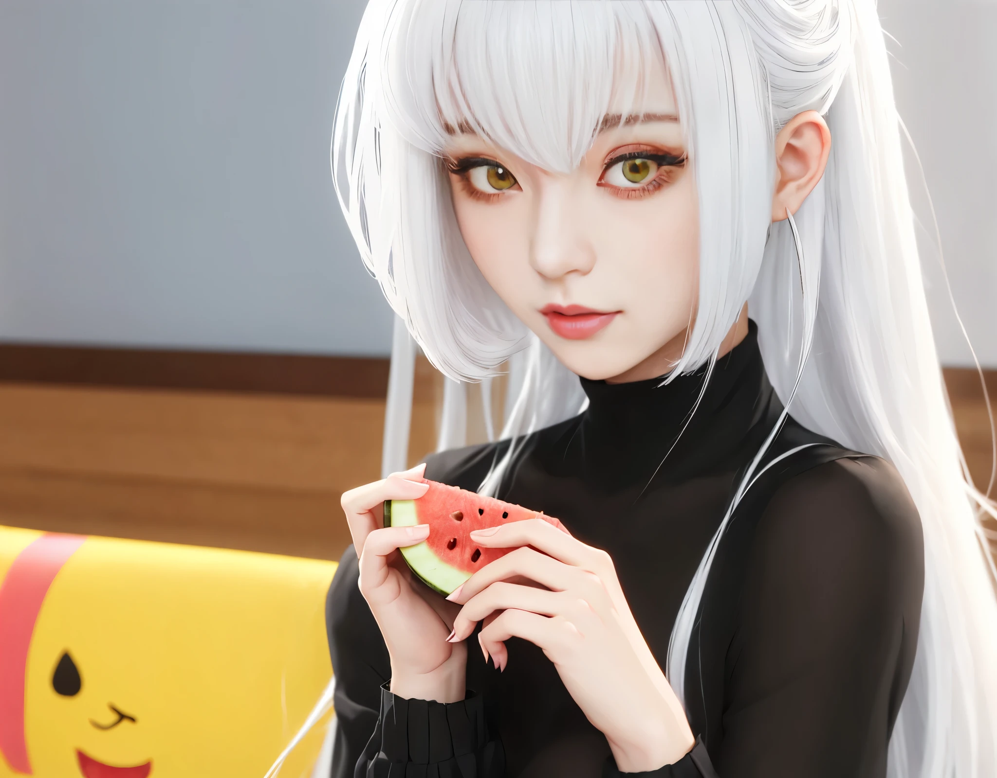 girl with long white hair holding a slice of watermelon, whitw haired, perfect white haired girl, white haired lady, girl with white hair, white haired deity, made with anime painter studio, neferpitou, tifa lockhart with white hair, ueshiba riichi, white-haired, material is!!! watermelon!!!, inspired by Leiko Ikemura