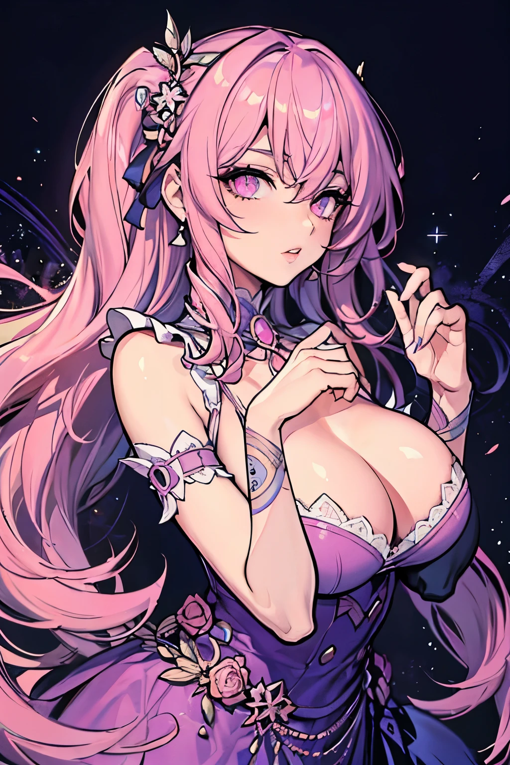 Beautiful woman, sparkling eyes, false eyelashes, pink lips, big and full breasts, two arms, Thumb and four fingers, anatomically correct fingers, detailed description, Ruffled dresses, Outing,
