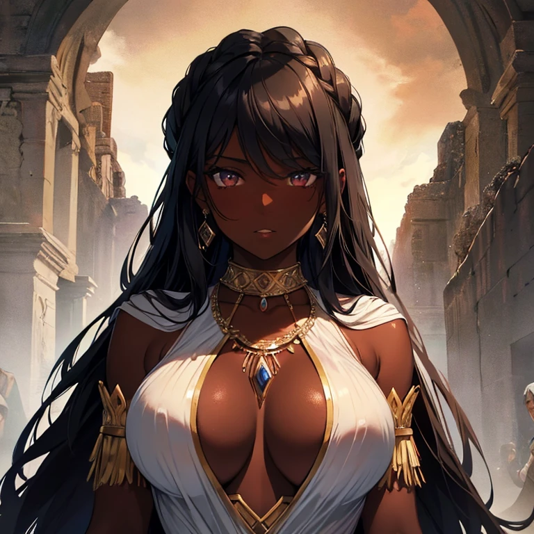 ultra quality,best quality,1woman, alone, dark-skinned woman, black hair, dark skin, big breasts, sexy, ancient costume, roman, portrait, jewelry, parted lips, dark eyes, earrings, looking at viewer, background Ancient Rome, huge breasts, small sample, sexy, olive skin, dark skin, holding breasts, wallpaper, goddess