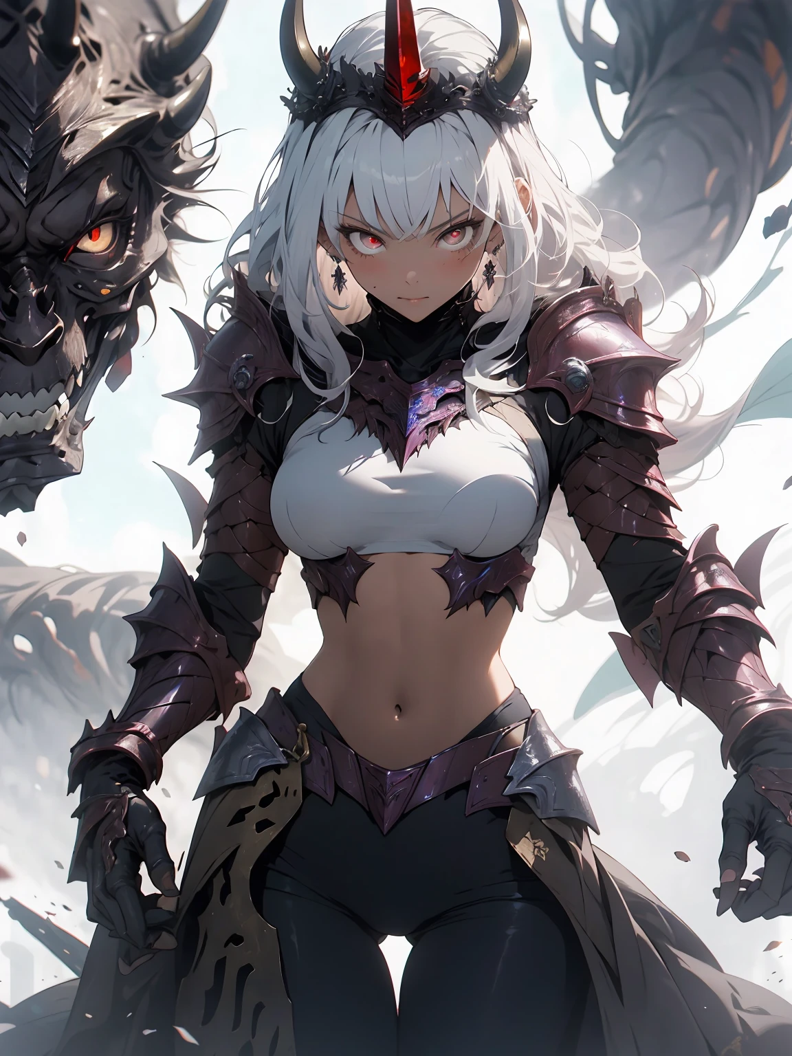 make it realistic,(masterpiece,highest quality,highest quality,very detailed,fractal art,most detailed,(the background is abstract:1.5)(1 girl),Kamimei,(hair length),(Shining red eyes and beautiful white hair、big breasts,trained abdominal muscles),crystallization,high leotard,sexy,machine armor、devil's horns、Blake、female demon warrior, black armor, (berserk:1.4), skeleton ramhorn crown,