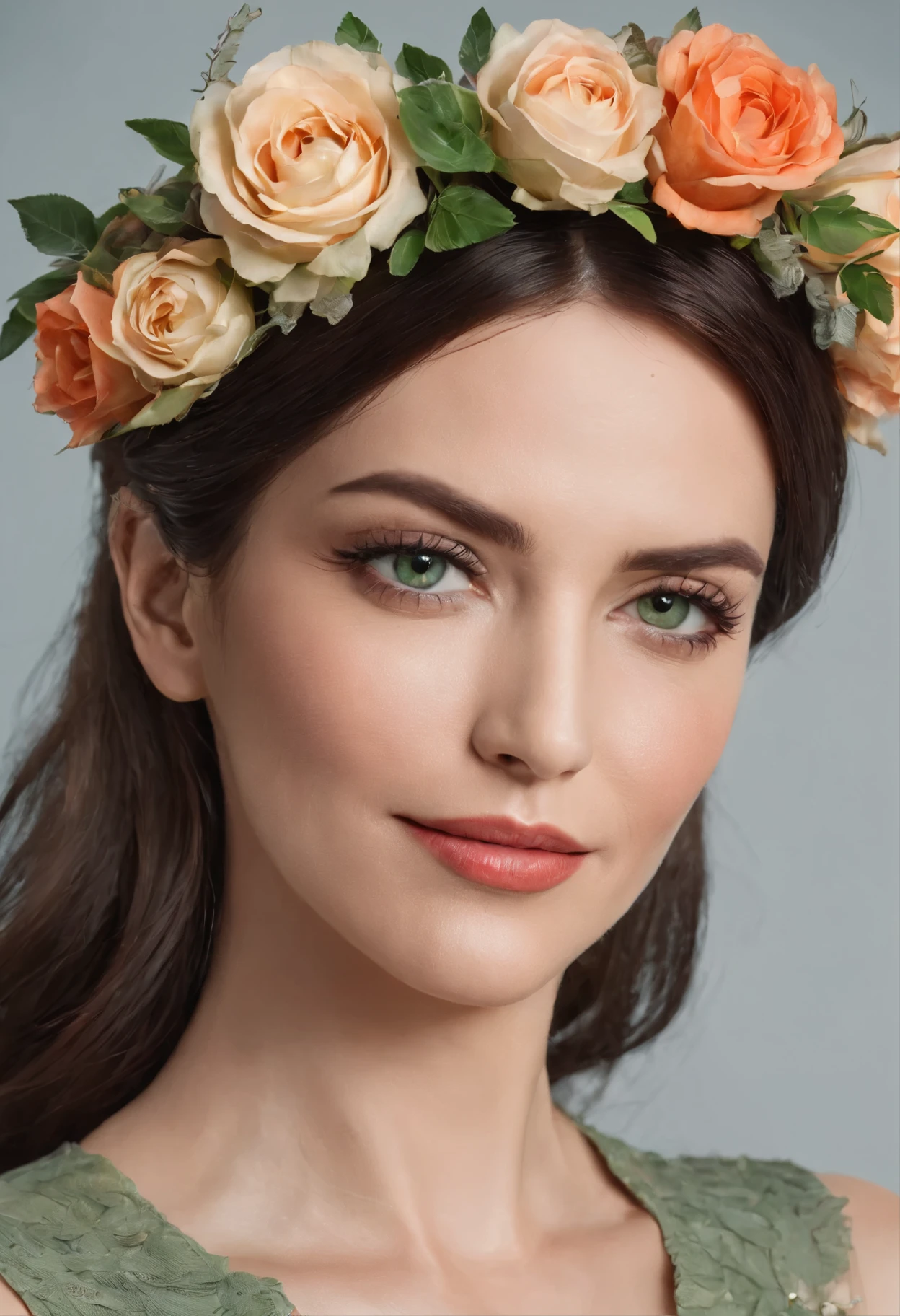 Beautiful woman 40 years old, dark straight hair of medium length, gray-green eyes, a wreath of roses on her head, average height, happy smile. UHD, best quality, 16k, anatomically correct, textured skin, super detail