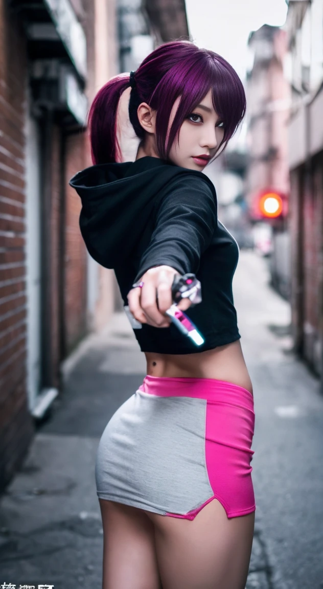 8K,Ultra Detail,ultra-quality,ultra precision,ultimate masterpiece,cool Girl(in combat),hoodie,short skirt,clothing for Cyber punk,pose of shooting a rifle with right hands,twintail(silver and pink),located Cyber punk back alley,Theme of Cyber punk,view front,gun Action,Dynamic camera,