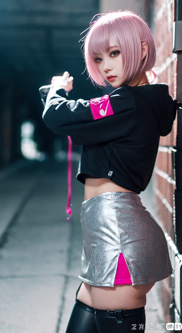 8K,Ultra Detail,ultra-quality,ultra precision,ultimate masterpiece,cool Girl(in combat),hoodie,short skirt,clothing for Cyber punk,pose of shooting a rifle with right hands,twintail(silver and pink),located Cyber punk back alley,Theme of Cyber punk,view front,gun Action,Dynamic camera,