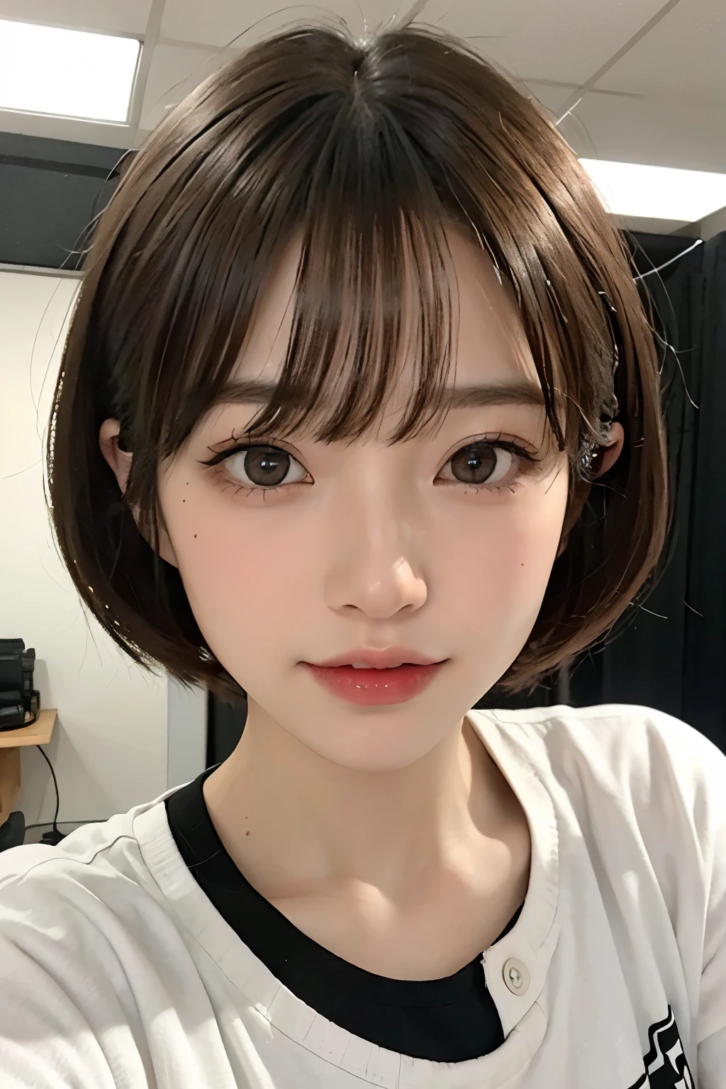 highest quality、masterpiece、ultra high resolution、(real:1.4)、Beautiful woman1、Beautiful details of eyes and skin、smile、light brown short cut hair、The perfect spacesuit、outer space、macrocosm、