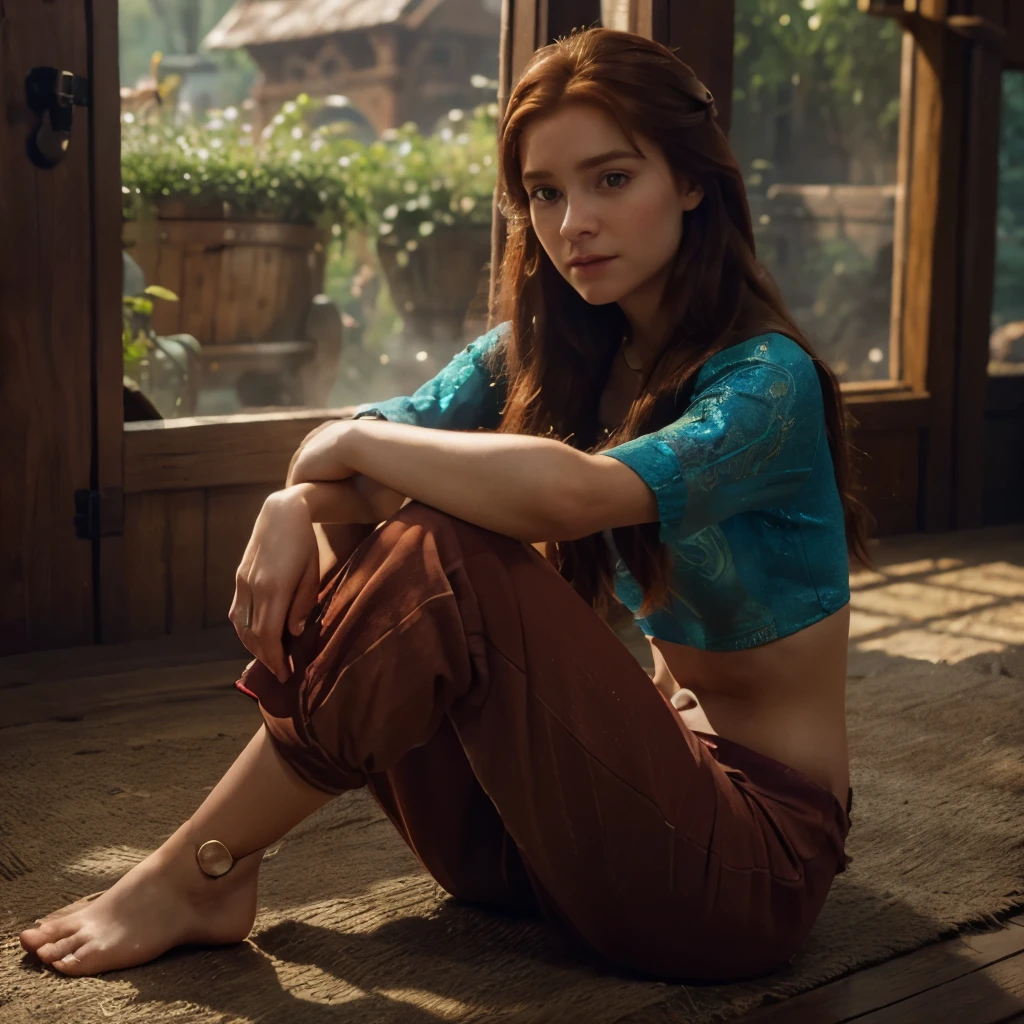 Anna from frozen, disney, beautiful, 8k, ultrarealistic, crop top and barefoot, long pants,wandering, brownred hair, details of face, ultrarealistic and masterpiece