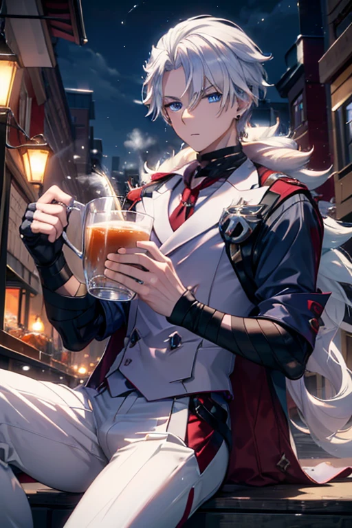 A white haired man with blue eyes  and long hair is sipping on a hot cider in the streets of a busy capital at night in a nice white suit