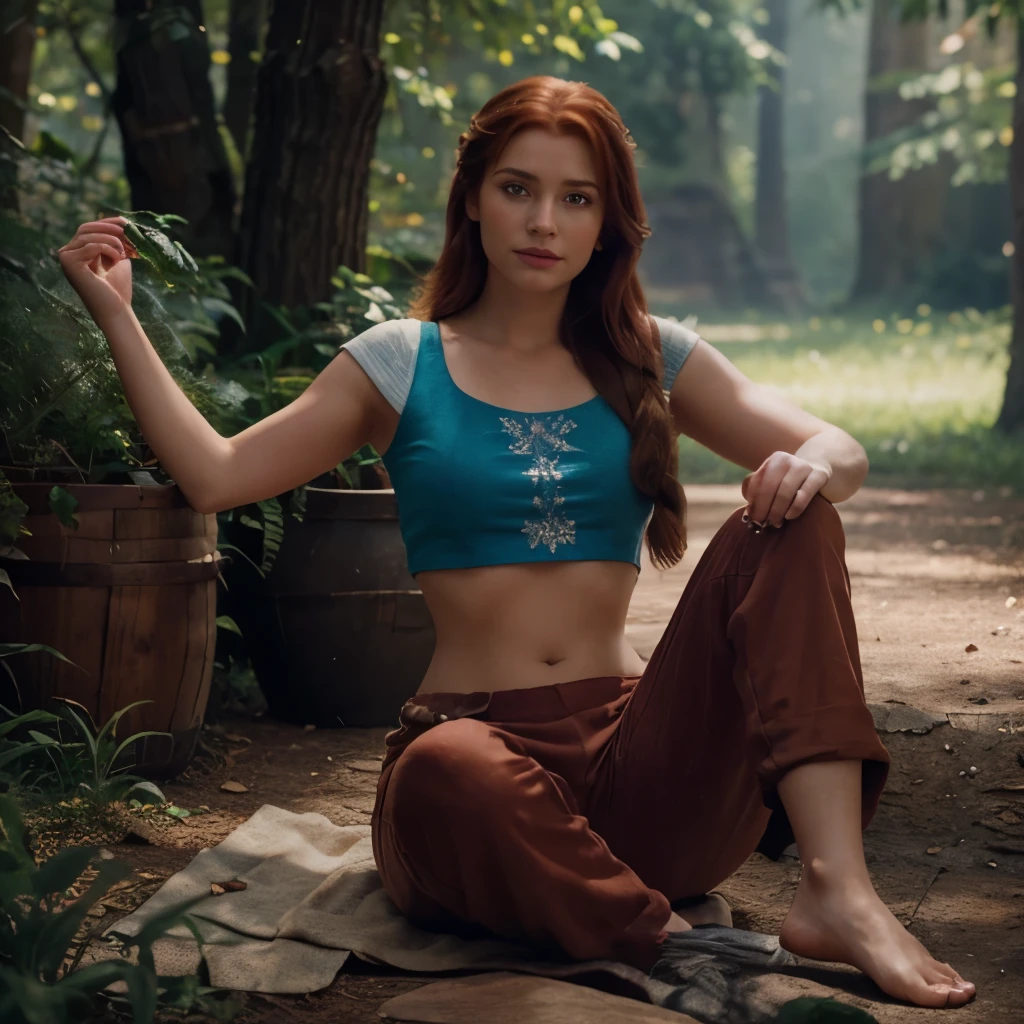 Anna from frozen, disney, beautiful, 8k, ultrarealistic, crop top and barefoot, long pants,wandering, brownred hair, details of face, ultrarealistic and masterpiece