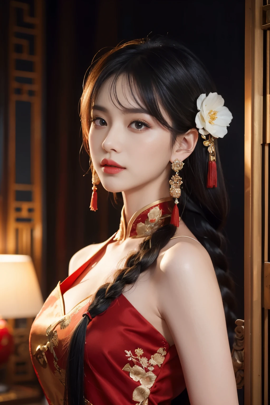 vibrant colors, female, masterpiece, sharp focus, best quality, depth of field, cinematic lighting, white hair, red eyes, braid, dress, long hair, red eyes, tattoo, earrings, jewelry, black dress, hair ornament, bangs, chinese clothes, breasts, china dress, sleeveless,