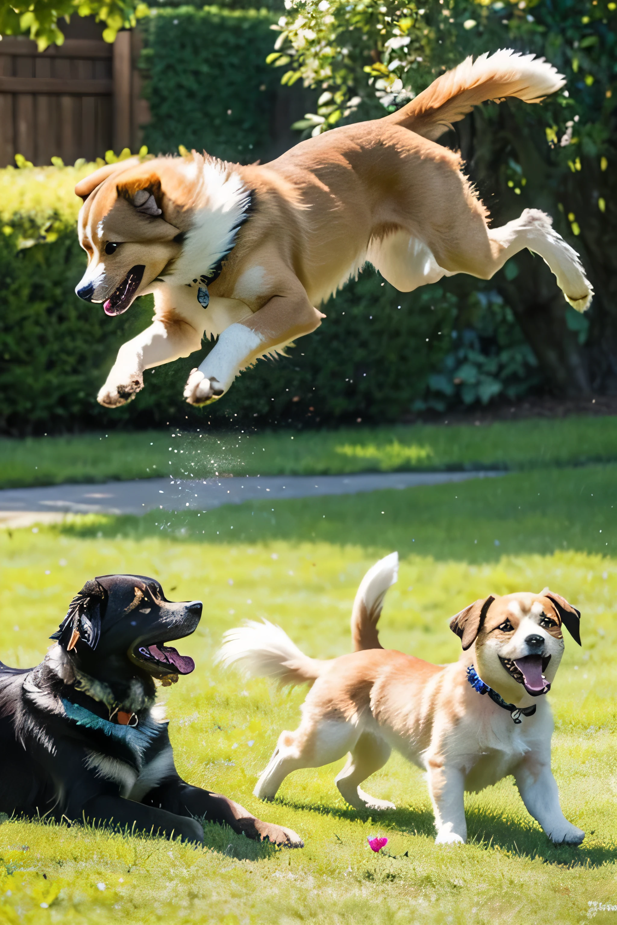"A vivid and heartwarming scene of dogs enjoying a sunny day. Picture them frolicking in a garden filled with colorful flowers and lush greenery. sunny, Casts soft shadows and accentuates the dog&#39;s happy expression. they were caught in the game, show their dynamic movements
