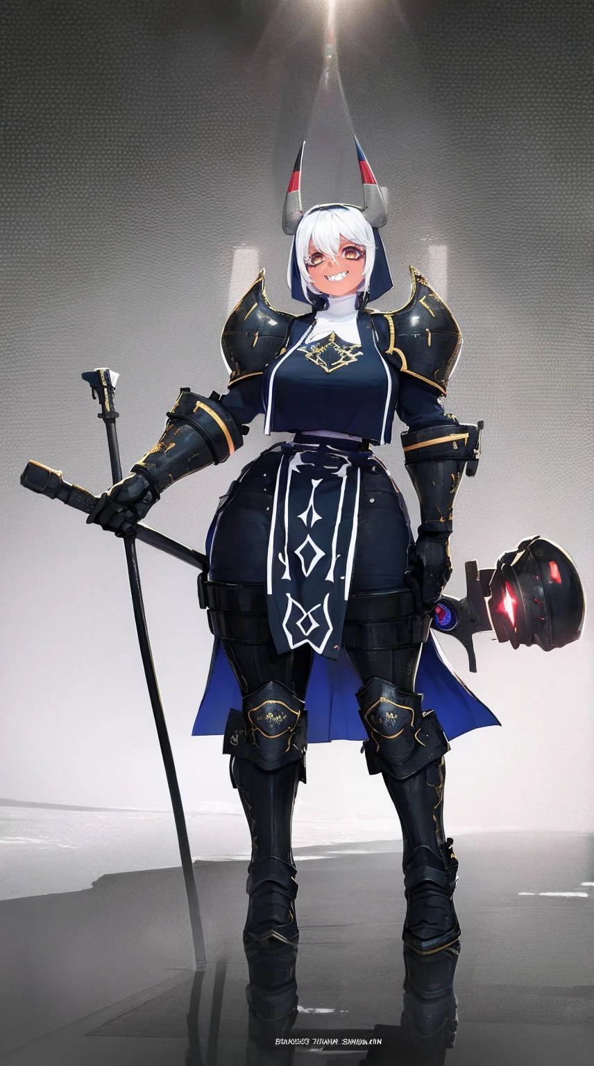 nun, demon girl, walking, , warpriesstes, silver hair, short hair, sacred gauntlets, long ski, cute smile, pure smile, love smile,,veillong skirt, pantyhose, staff holding, armor, gloves, standing, full body,sharpteeth,standing, full body, happy, joyfull, refsheet, red skinn, big nose,, drop shadow, anaglyph, stereogram, tachi-e, pov, atmospheric perspective, speed lines, vignetting, scanlines, motion lines, ray tracing, backlighting, reflection light, 8k, super detail, ccurate, best quality, best quality, high quality, super detail, anatomically correct, UHD, masterpiece, ccurate, textured skin, high details, award winning