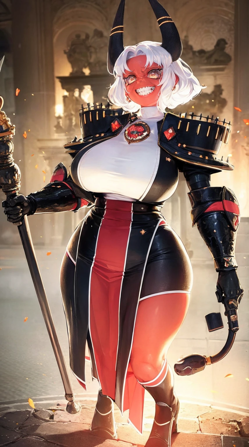 nun, demon girl, walking, , warpriesstes, silver hair, short hair, sacred gauntlets, long ski, cute smile, pure smile, love smile,,veillong skirt, pantyhose, staff holding, armor, gloves, standing, full body,sharpteeth,standing, full body, happy, joyfull, refsheet, red skinn, big nose,, drop shadow, anaglyph, stereogram, tachi-e, pov, atmospheric perspective, speed lines, vignetting, scanlines, motion lines, ray tracing, backlighting, reflection light, 8k, super detail, ccurate, best quality, best quality, high quality, super detail, anatomically correct, UHD, masterpiece, ccurate, textured skin, high details, award winning