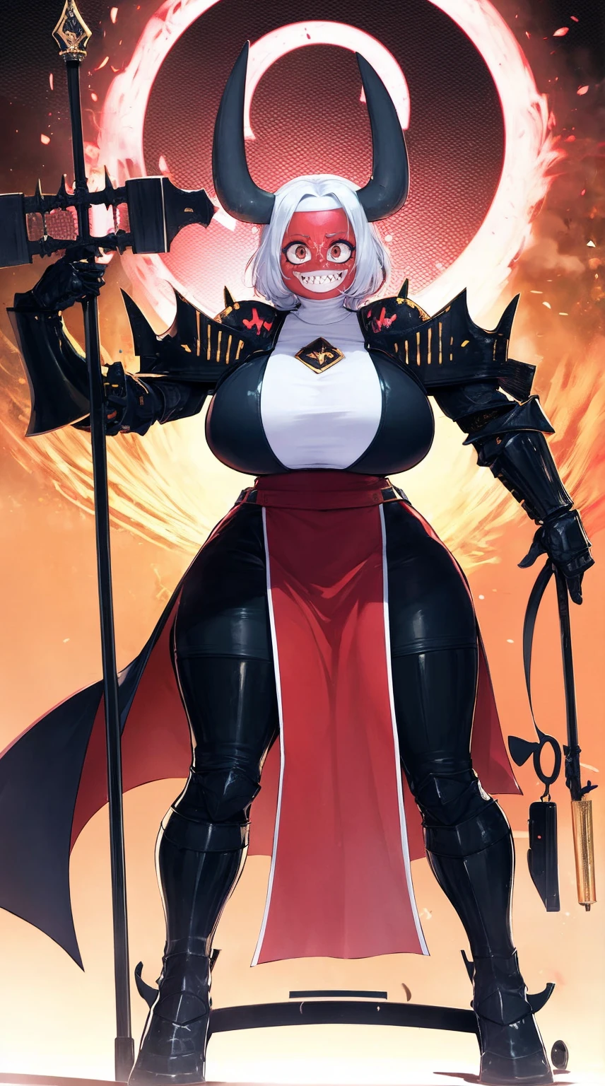 nun, demon girl, walking, , warpriesstes, silver hair, short hair, sacred gauntlets, long ski, cute smile, pure smile, love smile,,veillong skirt, pantyhose, staff holding, armor, gloves, standing, full body,sharpteeth,standing, full body, happy, joyfull, refsheet, red skinn, big nose,, drop shadow, anaglyph, stereogram, tachi-e, pov, atmospheric perspective, speed lines, vignetting, scanlines, motion lines, ray tracing, backlighting, reflection light, 8k, super detail, ccurate, best quality, best quality, high quality, super detail, anatomically correct, UHD, masterpiece, ccurate, textured skin, high details, award winning