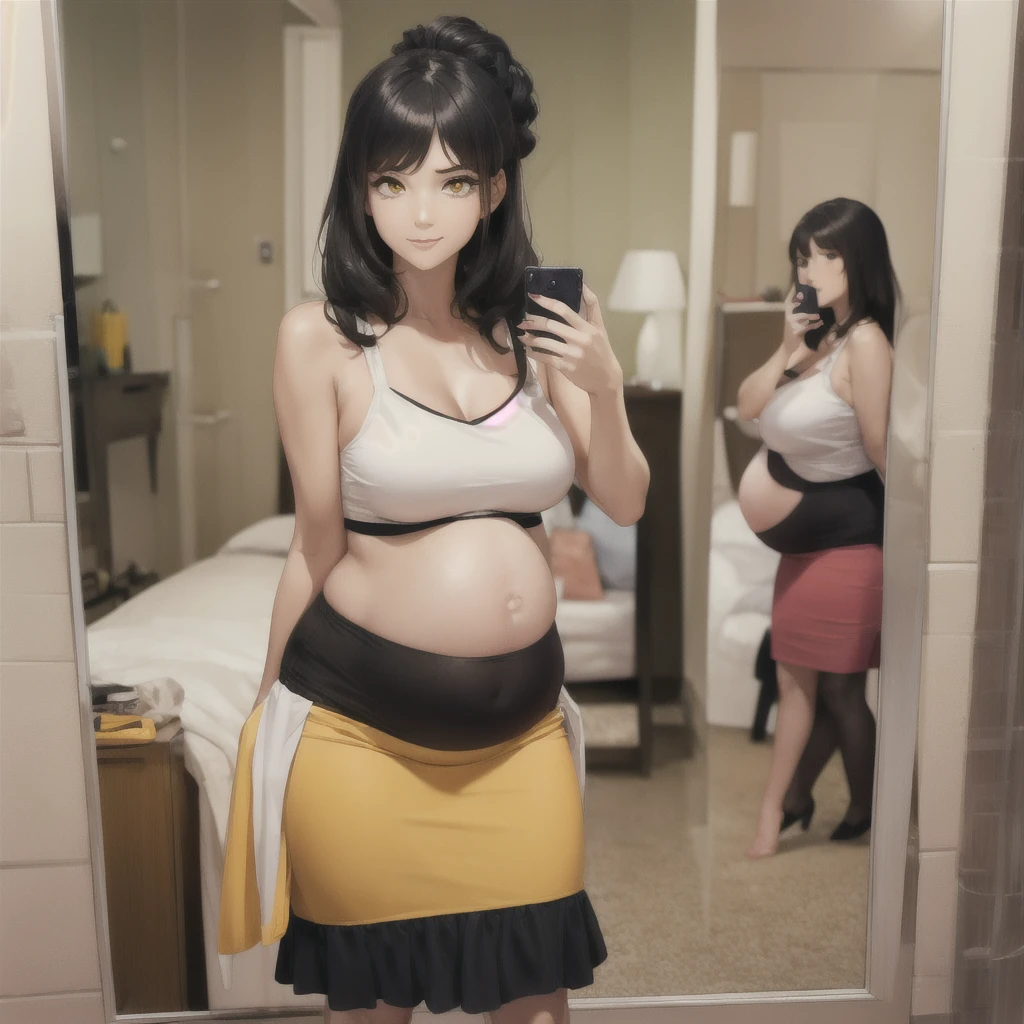 (masterpiece), best quality, expressive eyes, perfect face, 1girl, taking photos with cell phone, facing a mirror, black hair, yellow eyes, full body, smirking, pregnant,.big belly, small skirt