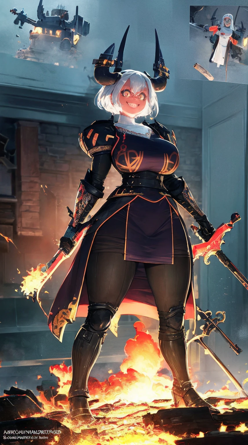 nun, demon girl, walking, , warpriesstes, silver hair, short hair, sacred gauntlets, long ski, cute smile, pure smile, love smile,,veillong skirt, pantyhose, staff holding, armor, gloves, standing, full body,sharpteeth,standing, full body, happy, joyfull, refsheet, red skinn, big nose,, drop shadow, anaglyph, stereogram, tachi-e, pov, atmospheric perspective, speed lines, vignetting, scanlines, motion lines, ray tracing, backlighting, reflection light, 8k, super detail, ccurate, best quality, best quality, high quality, super detail, anatomically correct, UHD, masterpiece, ccurate, textured skin, high details, award winning