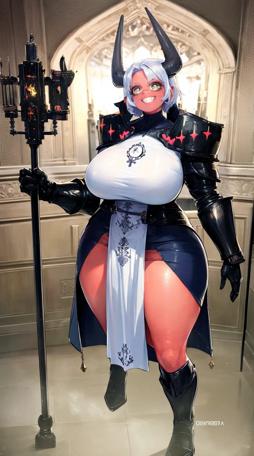 nun, demon girl, walking, , warpriesstes, silver hair, short hair, sacred gauntlets, long ski, cute smile, pure smile, love smile,,veillong skirt, pantyhose, staff holding, armor, gloves, standing, full body,sharpteeth,standing, full body, happy, joyfull, refsheet, red skinn, big nose,, drop shadow, anaglyph, stereogram, tachi-e, pov, atmospheric perspective, speed lines, vignetting, scanlines, motion lines, ray tracing, backlighting, reflection light, 8k, super detail, ccurate, best quality, best quality, high quality, super detail, anatomically correct, UHD, masterpiece, ccurate, textured skin, high details, award winning