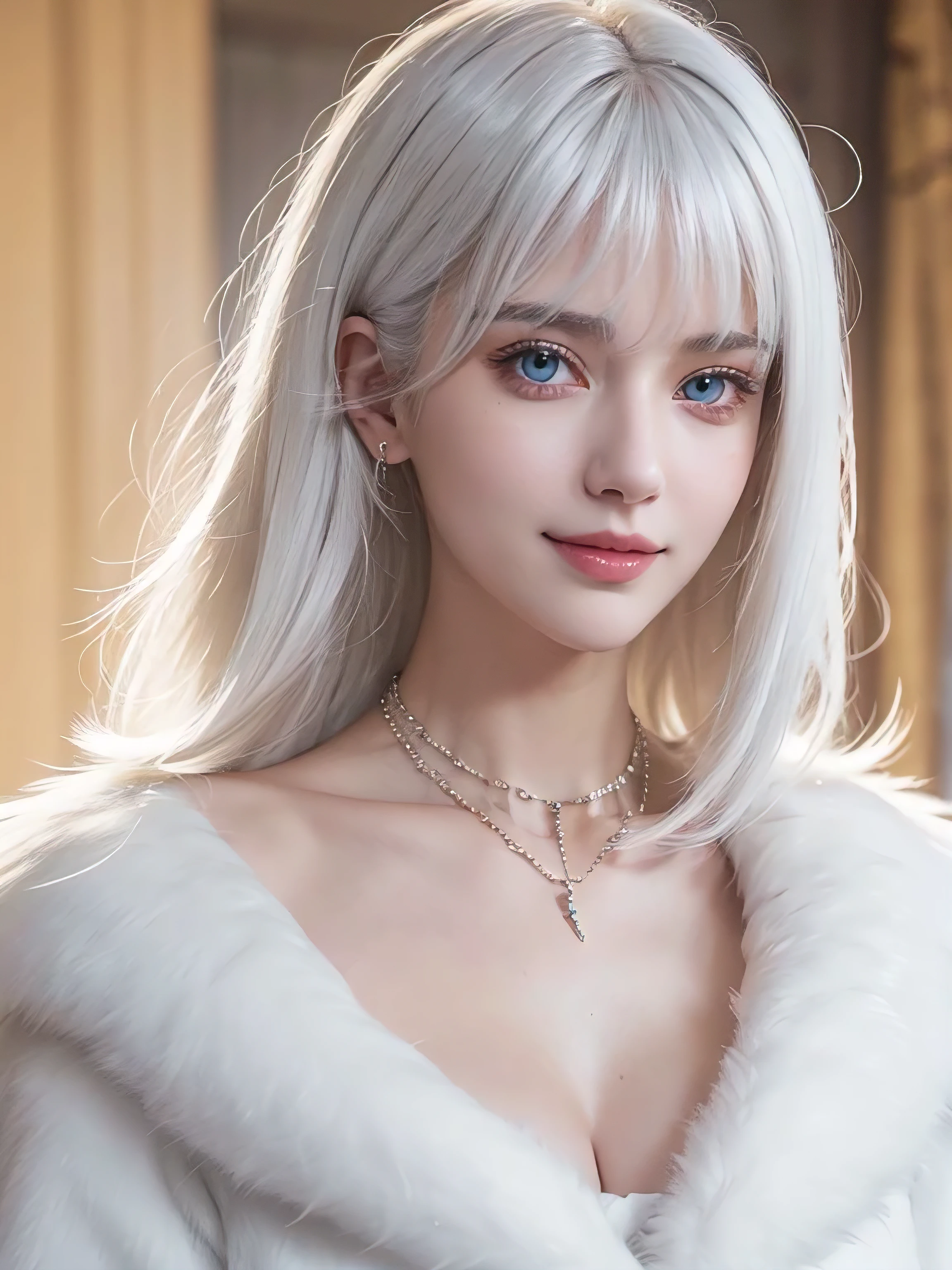 girl, Smile, delicate skin, white hair, necklace, elegant collar, Fluffy smooth feather jacket, Heterochromia, beautiful, beautiful, high detail, best quality, super detailed, Hyperactual, actual, masterpiece, complicated, ridiculous, employment