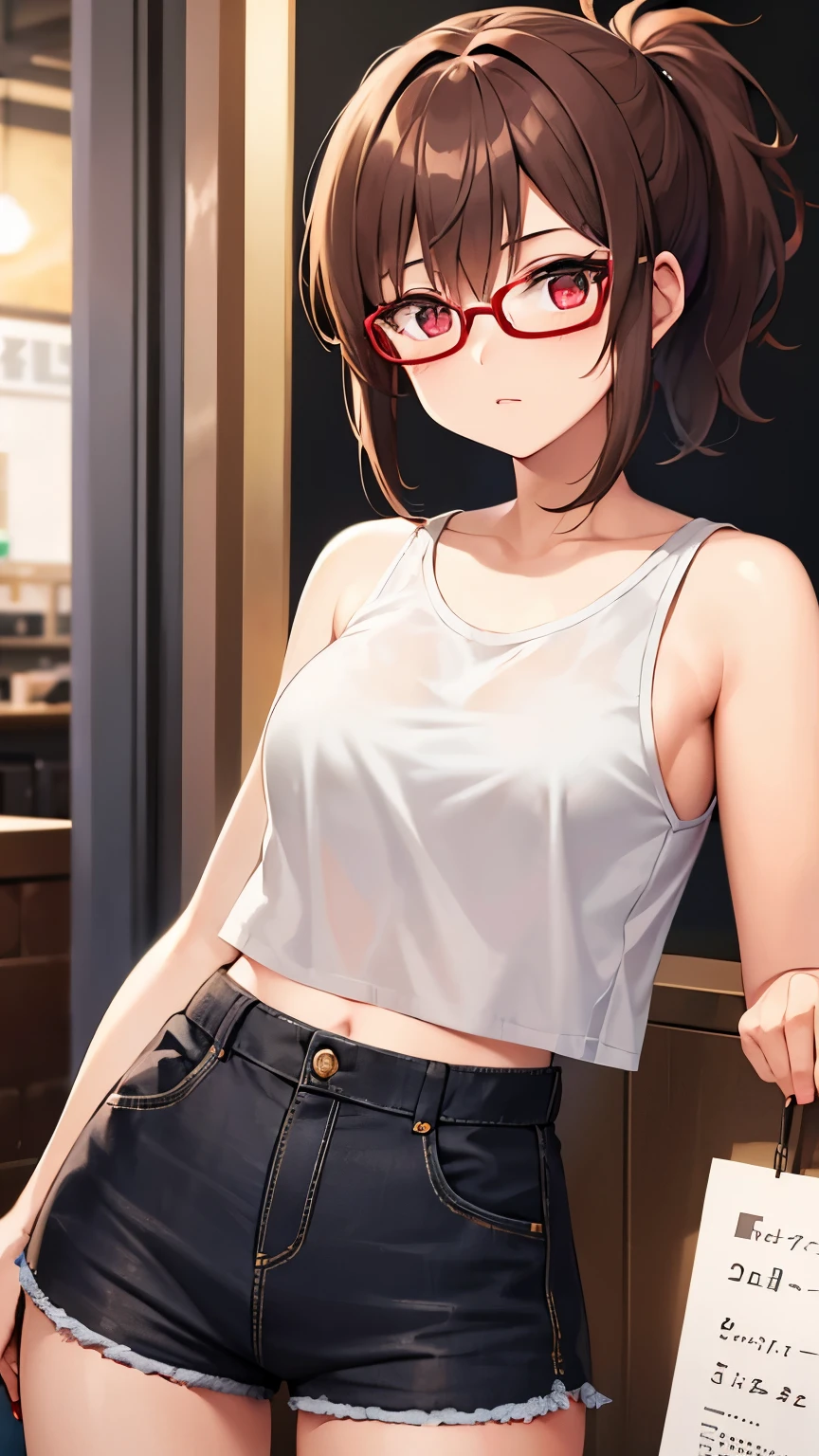 Girl, brown hair, ponytail short hair, red eyes, glasses, cute girl, light city, tank top, hotpants