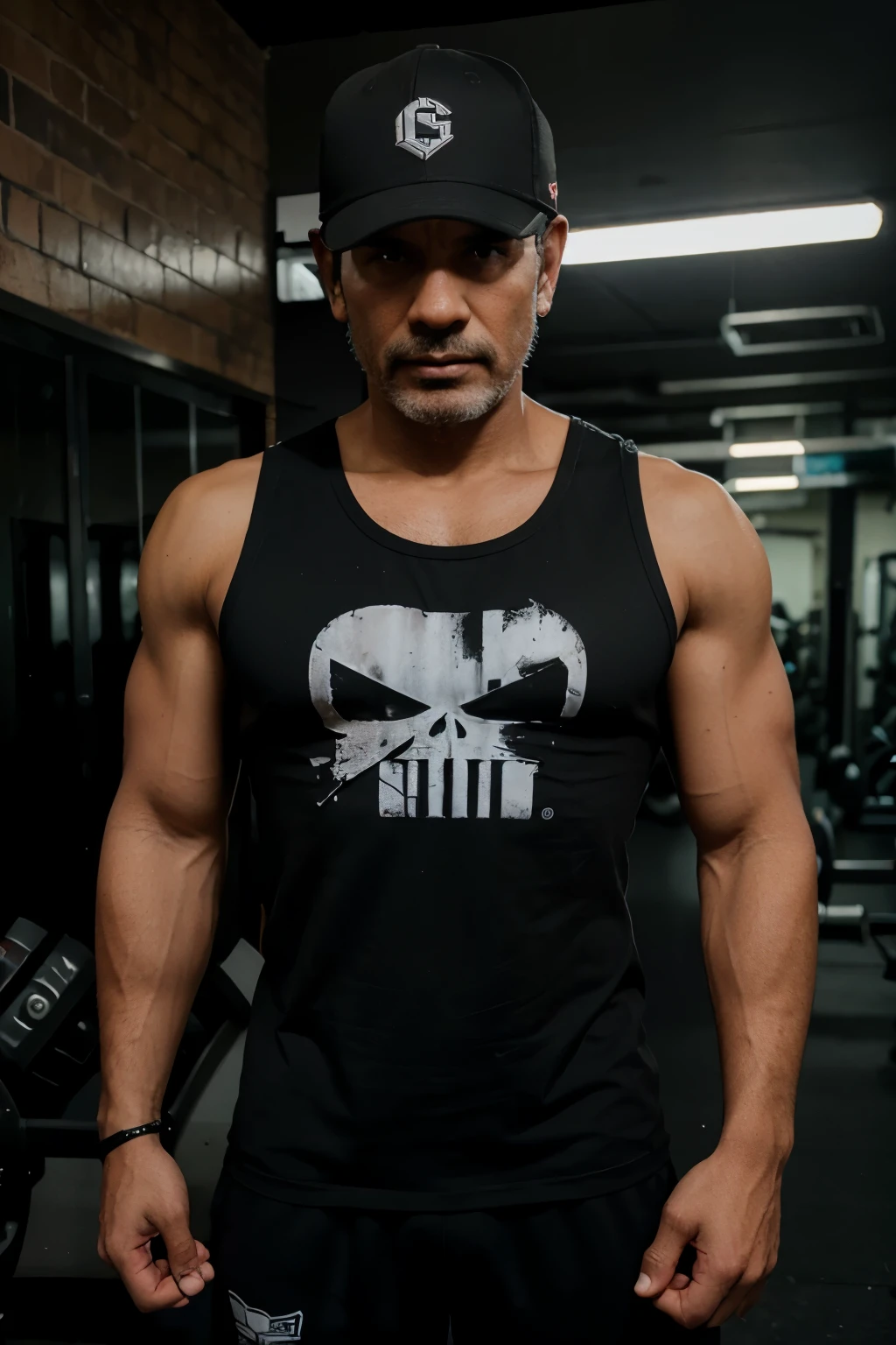 gym guy, black tank top with punisher logo, black snapback cap, gym. aesthetic body male, 65kg, sri lankan, gym background,