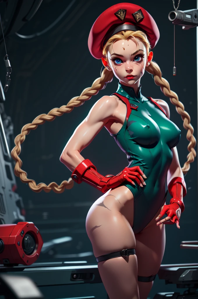 masterpiece, best quality, highres, 1girl, cammy white, twin braids, long hair, blonde hair, antenna hair, beret, (red headwear:1.3), blue eyes, scar on cheek, green leotard, large breasts, sleeveless, red gloves, fingerless gloves, camouflage, cowboy shot, standing, outdoors, arms at sides, straight-on,