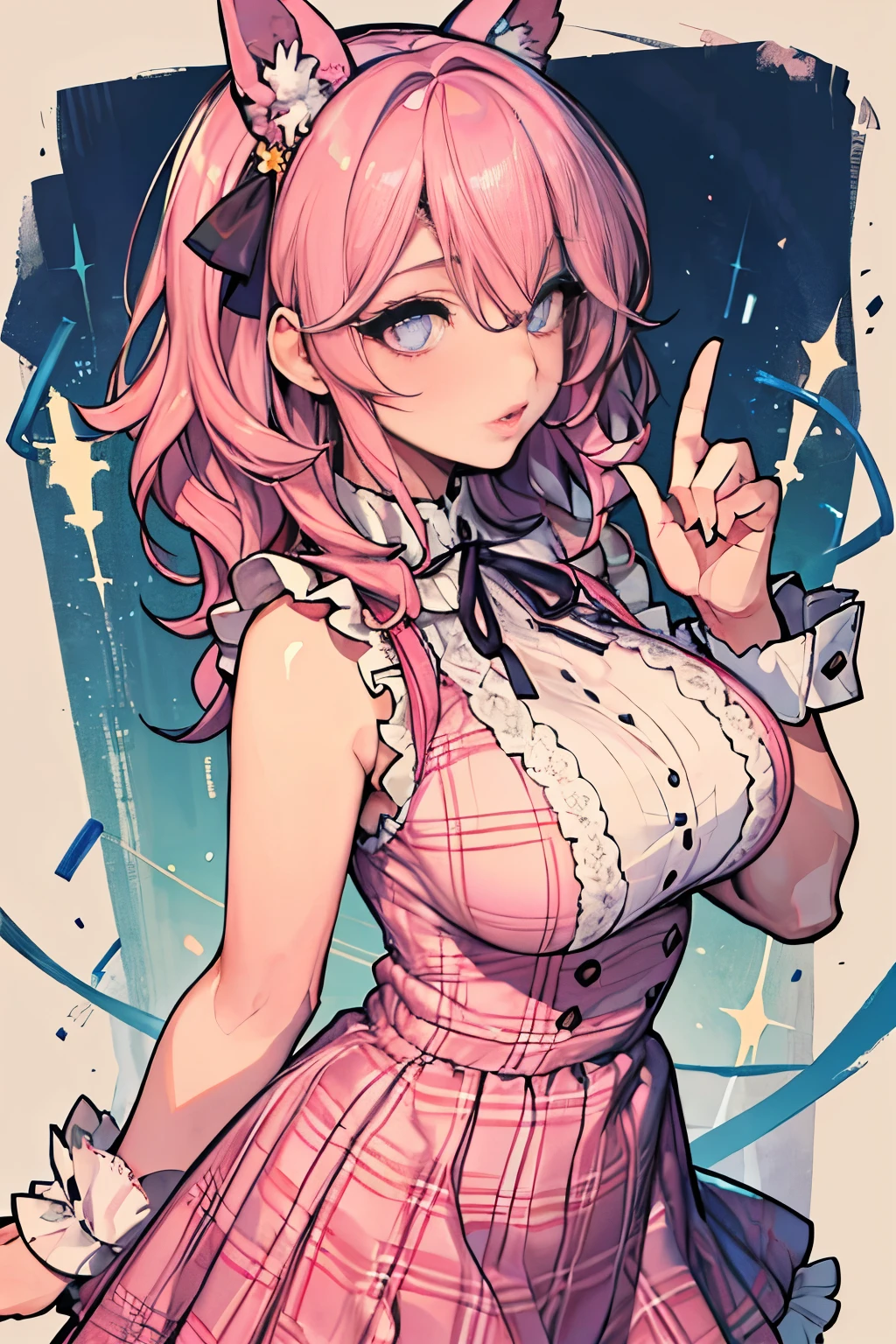 Beautiful woman, sparkling eyes, false eyelashes, pink lips, big and full breasts, two arms, Thumb and four fingers, anatomically correct fingers, detailed description, Plaid ruffle dress, Outing, Casual style, Outstanding style, ribbon,