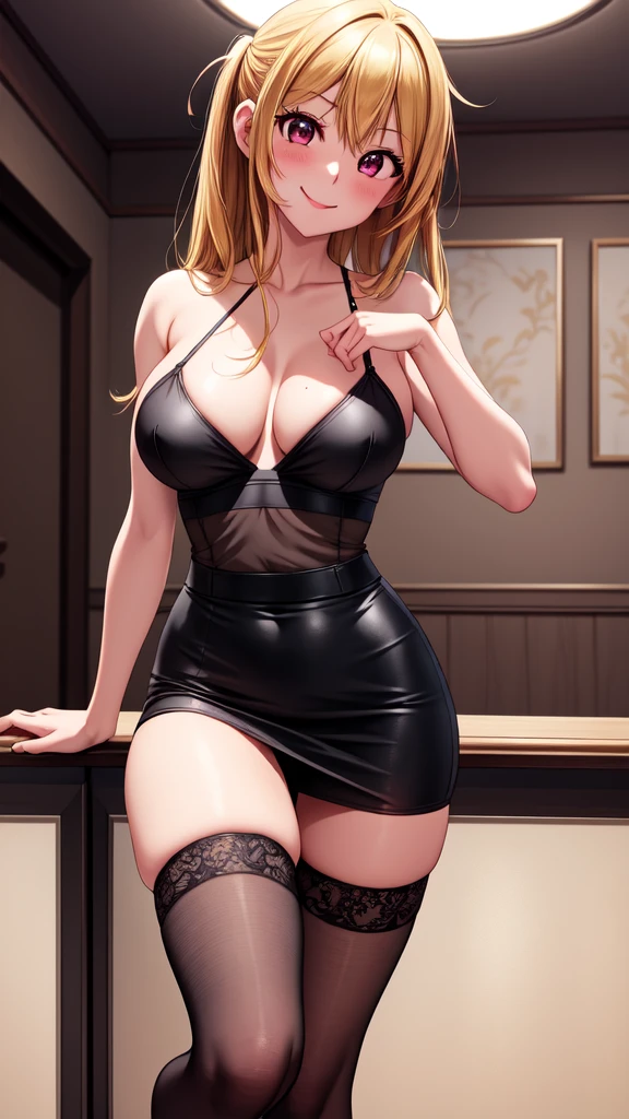 anime, beautiful face, highly detailed face, 2 accurate legs detailed eyes, highly detailed background, perfect lighting, accurate arms, beautiful blonde hair, accurate hands, accurate fingers, full body, 1girl, solo, ruby hoshino, oshi no ko, indoors, detailed heels, black heels, detailed thighhighs, absurdres, high res, ultrasharp, 8K, masterpiece, looking at viewer, teasing smile, in a private room, in a nightclub booth, (naked:0.8), breasts, (both hands on breasts:1.2), beautiful black panties, nsfw, pencil skirt
