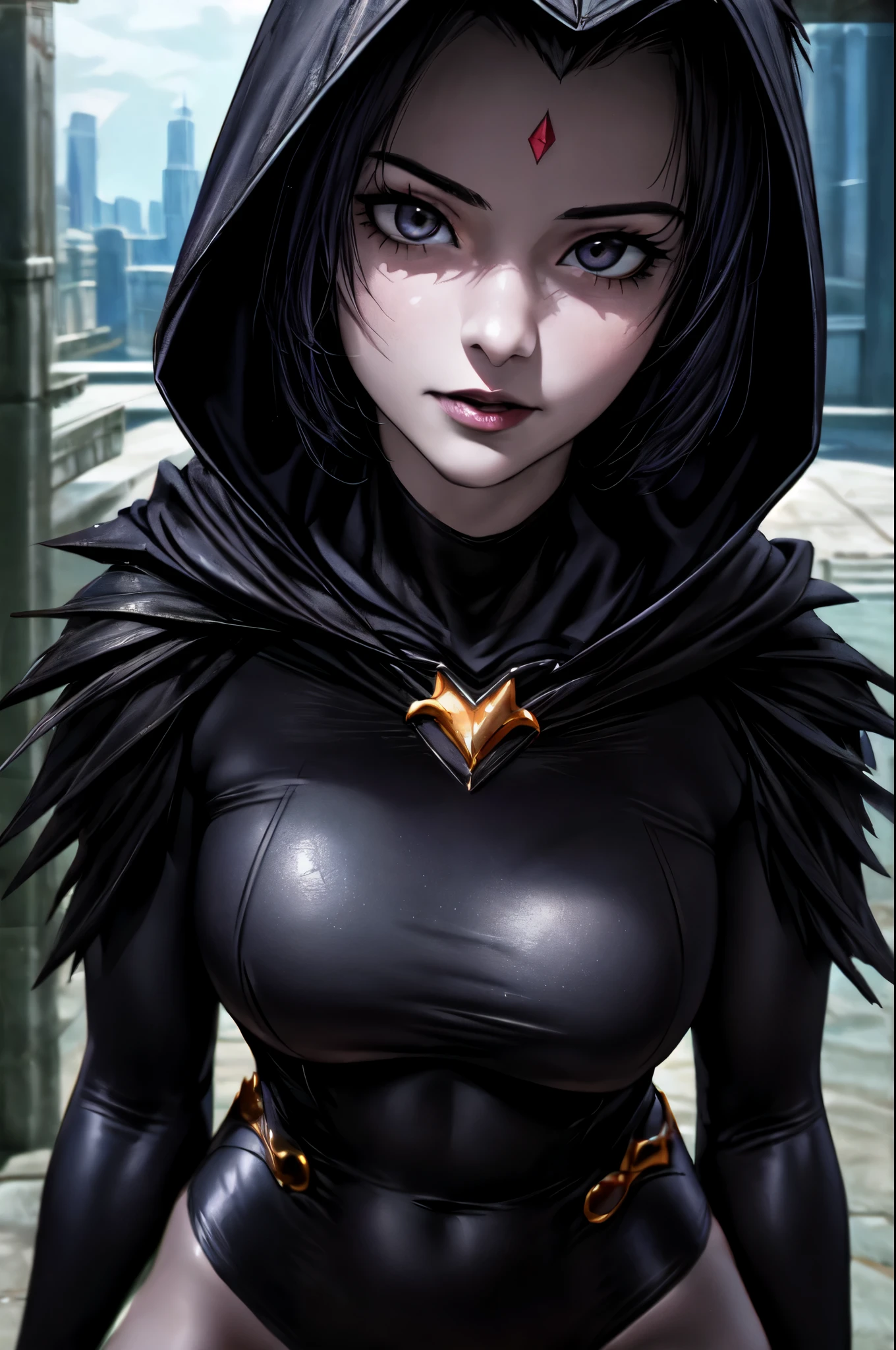 masterpiece, best quality, raven \(dc\), 1girl, superhero, black leotard, black hooded cloak, black leather pants, masterpiece, best quality, highest quality, cinematic lighting, (volumetric lighting), extremely detailed CG unity 8k wallpaper, focused, 8k wallpaper, 4k wallpaper, extremely detailed, ultra realistic, photorealistic, sharp focus, absurdres, (HDR:1.2), (high contrast), photograph, detailed and intricate, instagram, close-up portrait, vibrant, 4K HQ, sharp focus, (Ultra realistic [[photo]], detailed face:1.0), (detailed eyes:1.0), (realistic photo:1.1), (masterpiece:1.0), detailed background , dark city 