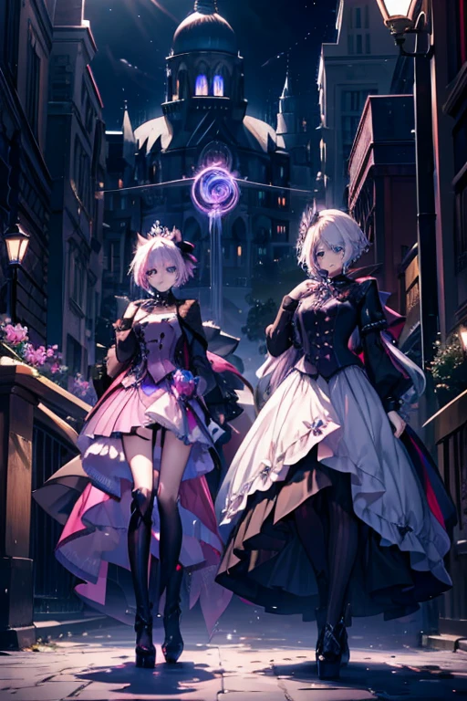 A white haired man with blue eyes and long hair is posing with a pink haired queen with violet eyes with an hourglass figure and short hair in a black lacy ballgown in the streets of a busy capital at night in a nice white suit