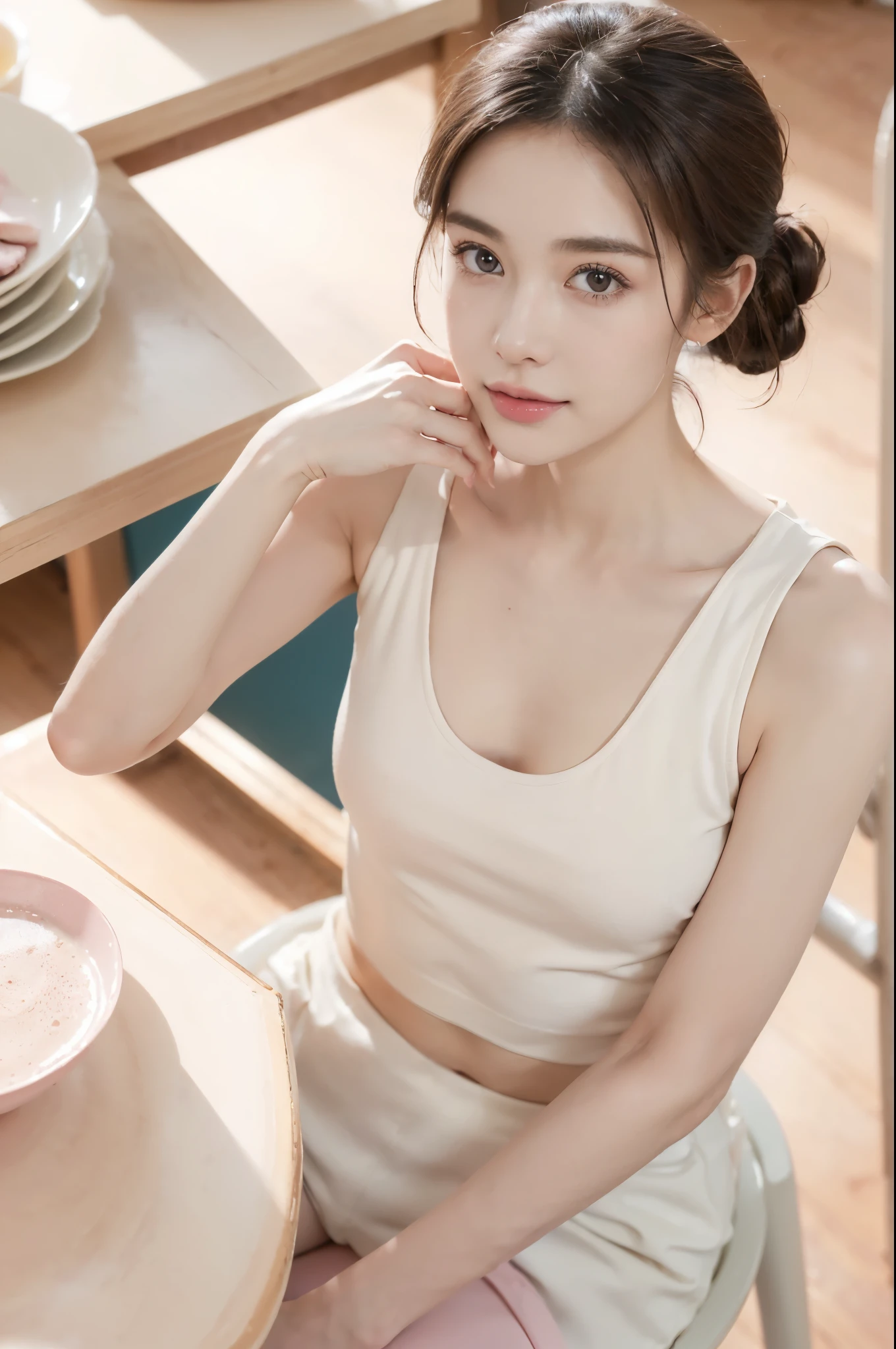 (((best quality))),(((ultra detailed))),(((masterpiece))),illustration,((1girl,solo)),(straight black bob hair:1.2),((slim,thin)),((small breasts,flat chest)),sitting, KFC, burger,((white shirt, white strap tank top, white pants)), clean, fresh, bright face, sparkling eyes, rosy cheeks, beautiful smile, white teeth, neatly combed hair,soft hair, white shirt, V-neck, collarbone, sexiness,visible, natural, carefree, high-waisted, slender waist, taller, bustling restaurant, other customers, enjoying meals, chatting, bright lighting, warm atmosphere, joy, relaxation, cute appearance, carefree attitude, visually appealing, heartwarming