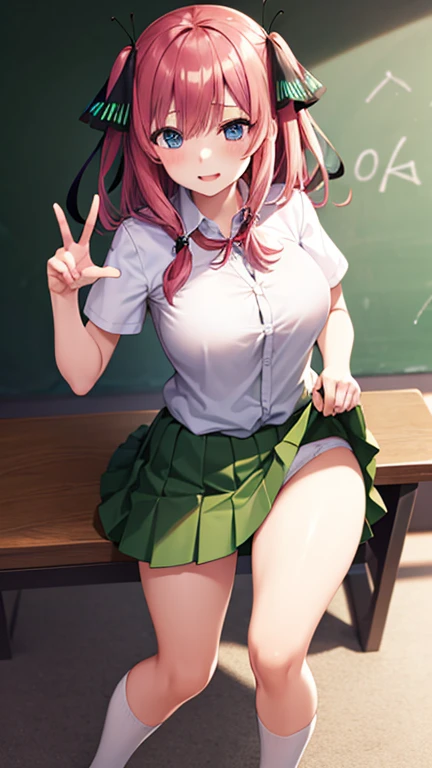 one girl,full body figure,big boobs,big boobs,Perfect five-finger、mini skirt、I can see white panties、whitepanty、shy face、Voluptuous legs、perfect thing、highest quality、big breasts、detailed description、small details、detailed face、white skin、Nino Nakano、pink heir、butterfly heir ornament、The Bride of Fifths、school uniform、white shirt、summer clothes、green skirt、white thihhighs socks、lift skirt、Skirt flip、classroom