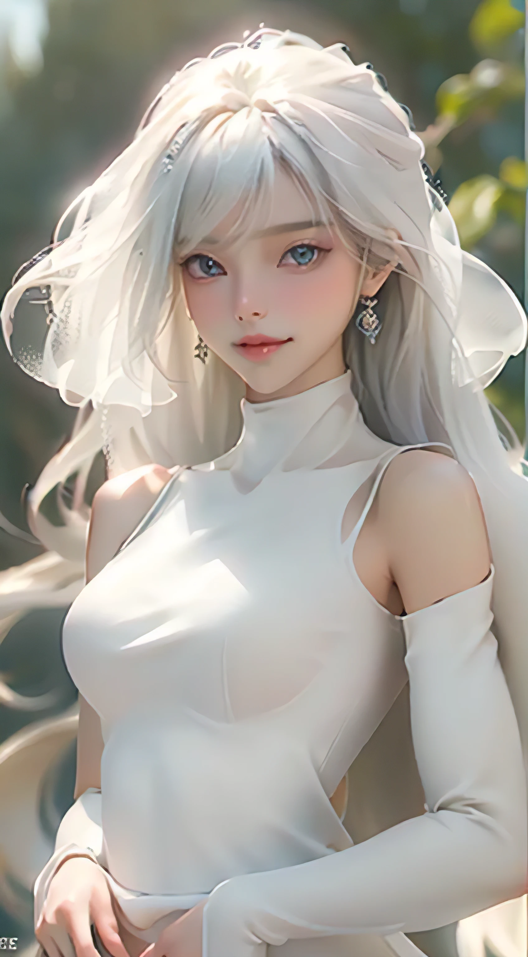 8k, best quality, masterpiece, ultra high resolution, 1 girl, Beautiful Eyes and Face Details, masterpiece, best quality, Upper body, masterpiece, Excellent details, High quality details, Absolutely breathtaking beauty, clavicle, elongated neck, long eyelashes, Sweet-eyed lying silkworm, Dynamic angle problem Extreme image quality, charming smile, glossy lips, skin is hydrated, White translucent, Rich details, bright colors, strong contrast, Soft light effects, clear outline, streamline, charming smile, Bright Eyes, perfect body proportions, thin waist, (Wearing a turtleneck tulle skirt, (Shoulder: 1.3, clavicle, big breasts, Split)),