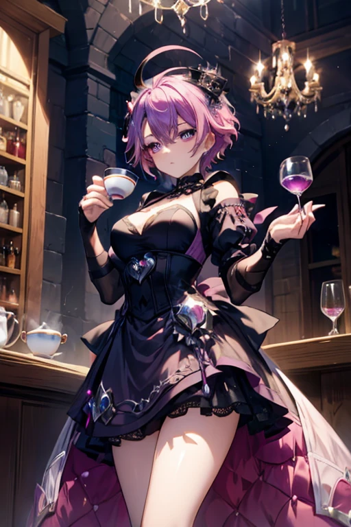 One girl, short purple hair, better shadows, better light, better facial detail, red eyes, black airy blouse, pleated black skirt with gold chain, leather boots.
