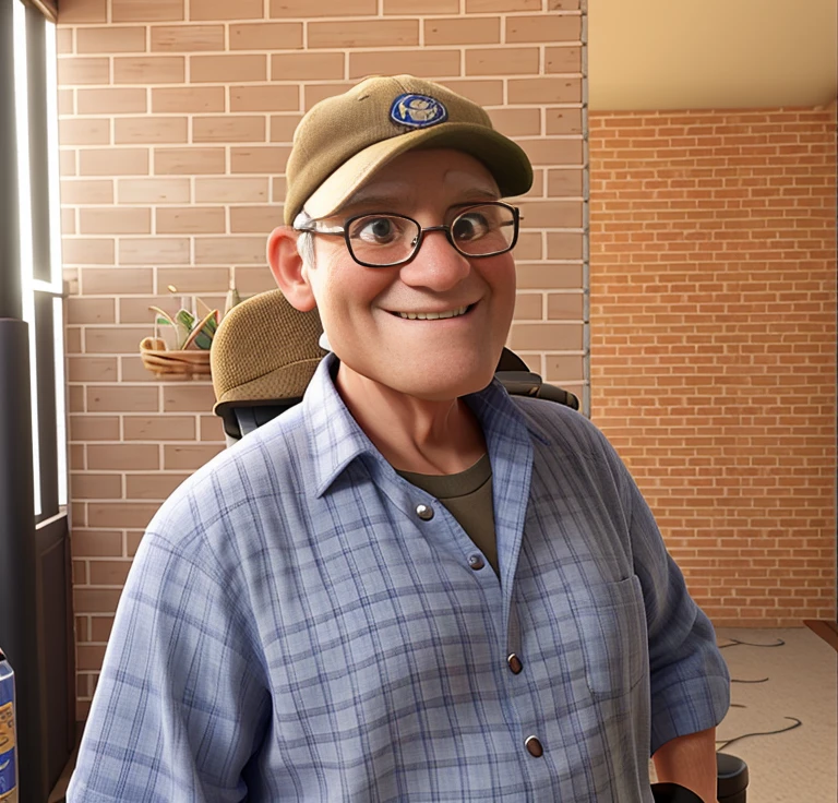 A smiling wise old man, Without glasses, with cap on head, pescador, sky and river background, spirit of adventure