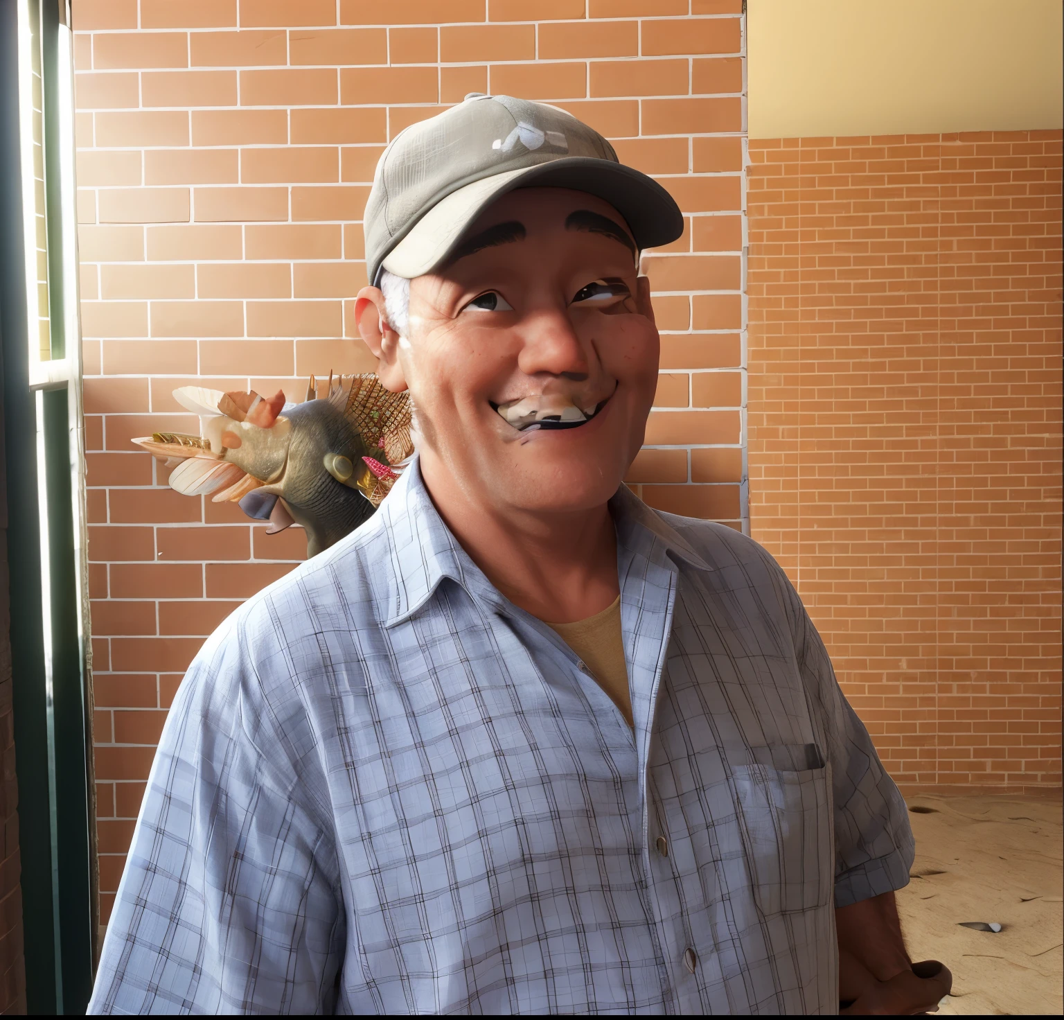 Um velho sorridente, Without glasses, with cap on head, pescador, sky and river background, spirit of adventure