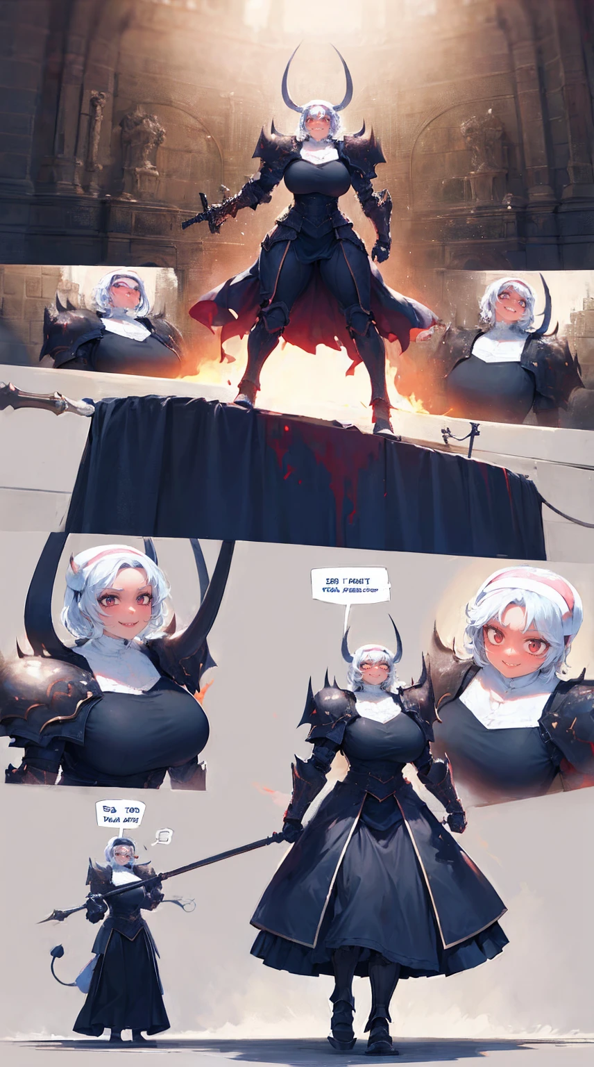 nun, demon girl, walking, , warpriesstes, silver hair, short hair, sacred gauntlets, long ski, cute smile, pure smile, love smile,,veillong skirt, pantyhose, staff holding, armor, gloves, standing, full body,sharpteeth,standing, full body, happy, joyfull, refsheet, red skinn, big nose,, drop shadow, anaglyph, stereogram, tachi-e, pov, atmospheric perspective, speed lines, vignetting, scanlines, motion lines, ray tracing, backlighting, reflection light, 8k, super detail, ccurate, best quality, best quality, high quality, super detail, anatomically correct, UHD, masterpiece, ccurate, textured skin, high details, award winning