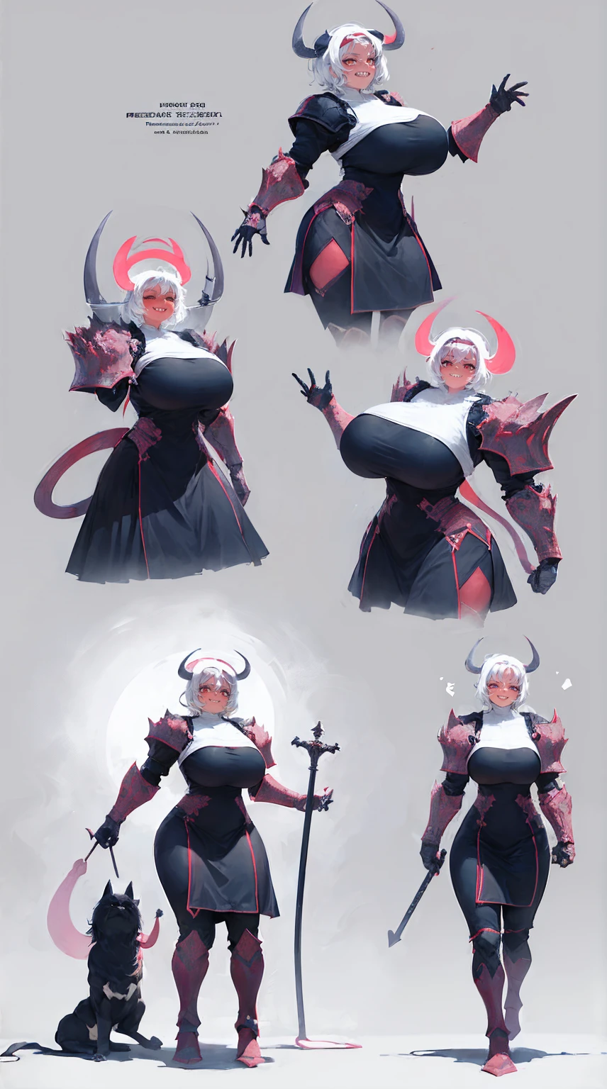 nun, demon girl, walking, , warpriesstes, silver hair, short hair, sacred gauntlets, long ski, cute smile, pure smile, love smile,,veillong skirt, pantyhose, staff holding, armor, gloves, standing, full body,sharpteeth,standing, full body, happy, joyfull, refsheet, red skinn, big nose,, drop shadow, anaglyph, stereogram, tachi-e, pov, atmospheric perspective, speed lines, vignetting, scanlines, motion lines, ray tracing, backlighting, reflection light, 8k, super detail, ccurate, best quality, best quality, high quality, super detail, anatomically correct, UHD, masterpiece, ccurate, textured skin, high details, award winning