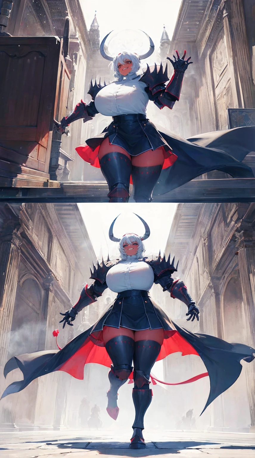 nun, demon girl, walking, , warpriesstes, silver hair, short hair, sacred gauntlets, long ski, cute smile, pure smile, love smile,,veillong skirt, pantyhose, staff holding, armor, gloves, standing, full body,sharpteeth,standing, full body, happy, joyfull, refsheet, red skinn, big nose,, drop shadow, anaglyph, stereogram, tachi-e, pov, atmospheric perspective, speed lines, vignetting, scanlines, motion lines, ray tracing, backlighting, reflection light, 8k, super detail, ccurate, best quality, best quality, high quality, super detail, anatomically correct, UHD, masterpiece, ccurate, textured skin, high details, award winning