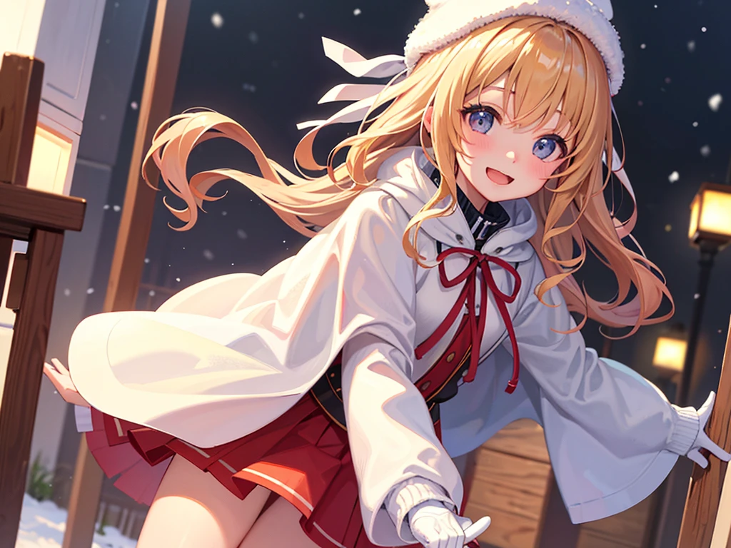 photo realistic, photo realistic, photo realistic, (masterpiece,best quality:1.4),(8k,raw photo,photo realistic:1.2),Not Safe for Work, detailed skin,detailed face,1girl,Japanese idol,cute face,1 girl、cute、blonde、wavy hair、long hair、medium bob、Knitted hats、ribbon、gloves、white breath、face close up、はにかんだsmile、Winter clothes、Warm clothes、smile、14age、little girl、white breath、Breathe on your hands、white muffler、Idol、cape、robe、It's snowing、