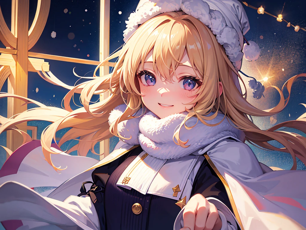 photo realistic, photo realistic, photo realistic, (masterpiece,best quality:1.4),(8k,raw photo,photo realistic:1.2),Not Safe for Work, detailed skin,detailed face,1girl,Japanese idol,cute face,1 girl、cute、blonde、wavy hair、long hair、medium bob、Knitted hats、ribbon、gloves、white breath、face close up、はにかんだsmile、Winter clothes、Warm clothes、smile、14age、little girl、white breath、Breathe on your hands、white muffler、Idol、cape、robe、It's snowing、