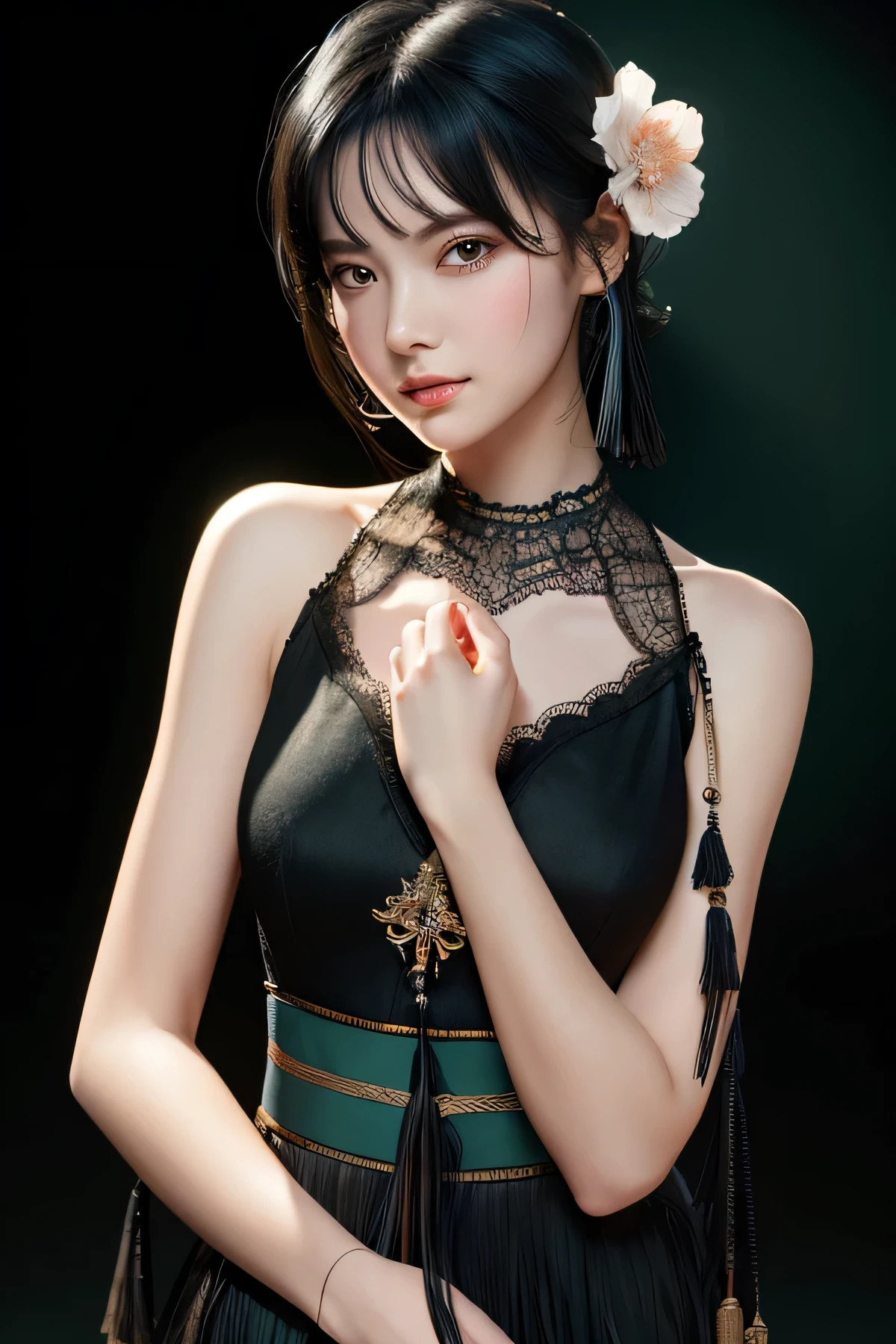 masterpiece, highest quality, Super detailed, CG illustration, High resolution, better lighting, best shadow, very delicate and beautiful, Proper shading, HD, 8K, ray tracing, Very detailed and sharp backgrounds, perfect light, alone, 1 female, black hair, adult, Obi Tassel,