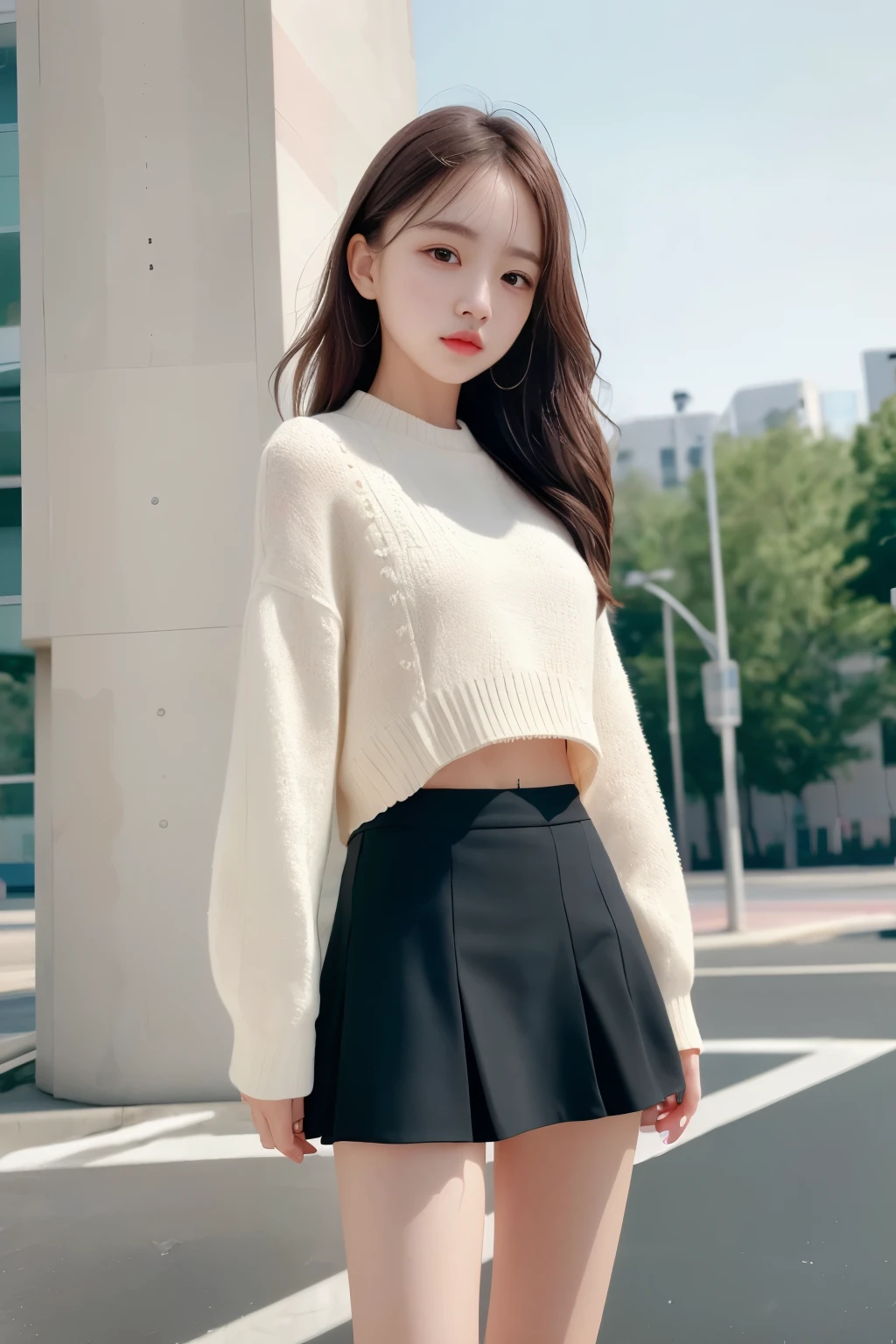 1 girl、mini skirt、(muste piece: 1.1),  (best quality: 1.1)、(highly detailed skin), (best quality:1.0), (ultra high resolution:1.0) ,(realistic photo:1.0), (Super detailed:1.0), (8K, Raw photo:1.1),